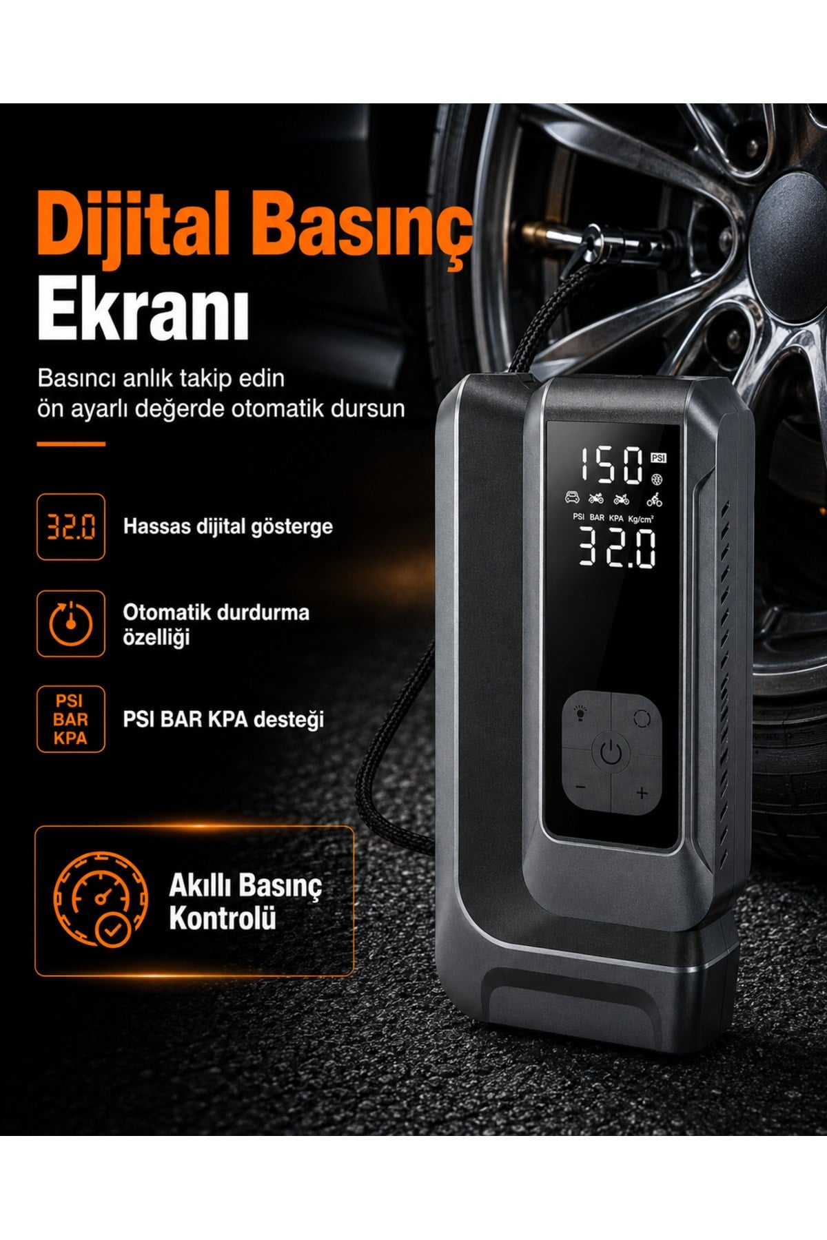Suitu AT-006 Akü Takviye Cihazı | 18.000mAh 4'ü 1 Arada Powerbank, Hava Kompresörü, LCD Ekran, 150PSI