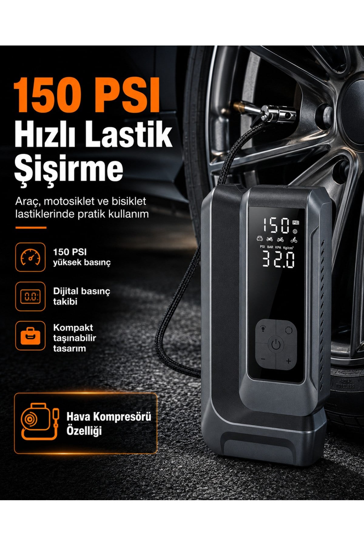Suitu AT-006 Akü Takviye Cihazı | 18.000mAh 4'ü 1 Arada Powerbank, Hava Kompresörü, LCD Ekran, 150PSI