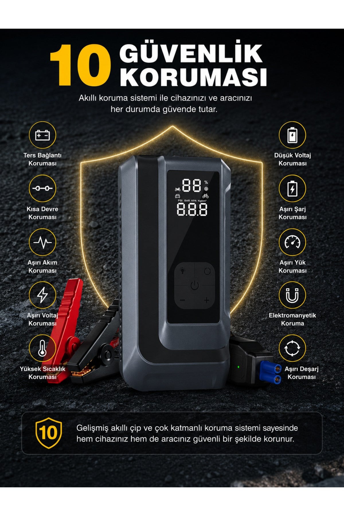 Suitu AT-006 Akü Takviye Cihazı | 18.000mAh 4'ü 1 Arada Powerbank, Hava Kompresörü, LCD Ekran, 150PSI