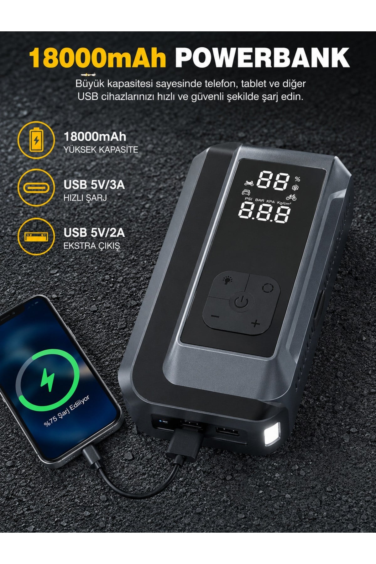 Suitu AT-006 Akü Takviye Cihazı | 18.000mAh 4'ü 1 Arada Powerbank, Hava Kompresörü, LCD Ekran, 150PSI