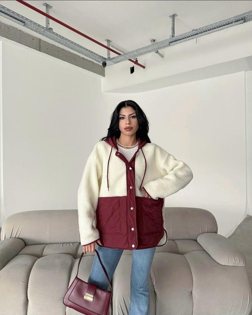   BORDO DETAYLI KREM KAPÜŞONLU PELUŞ HIRKA CEKET