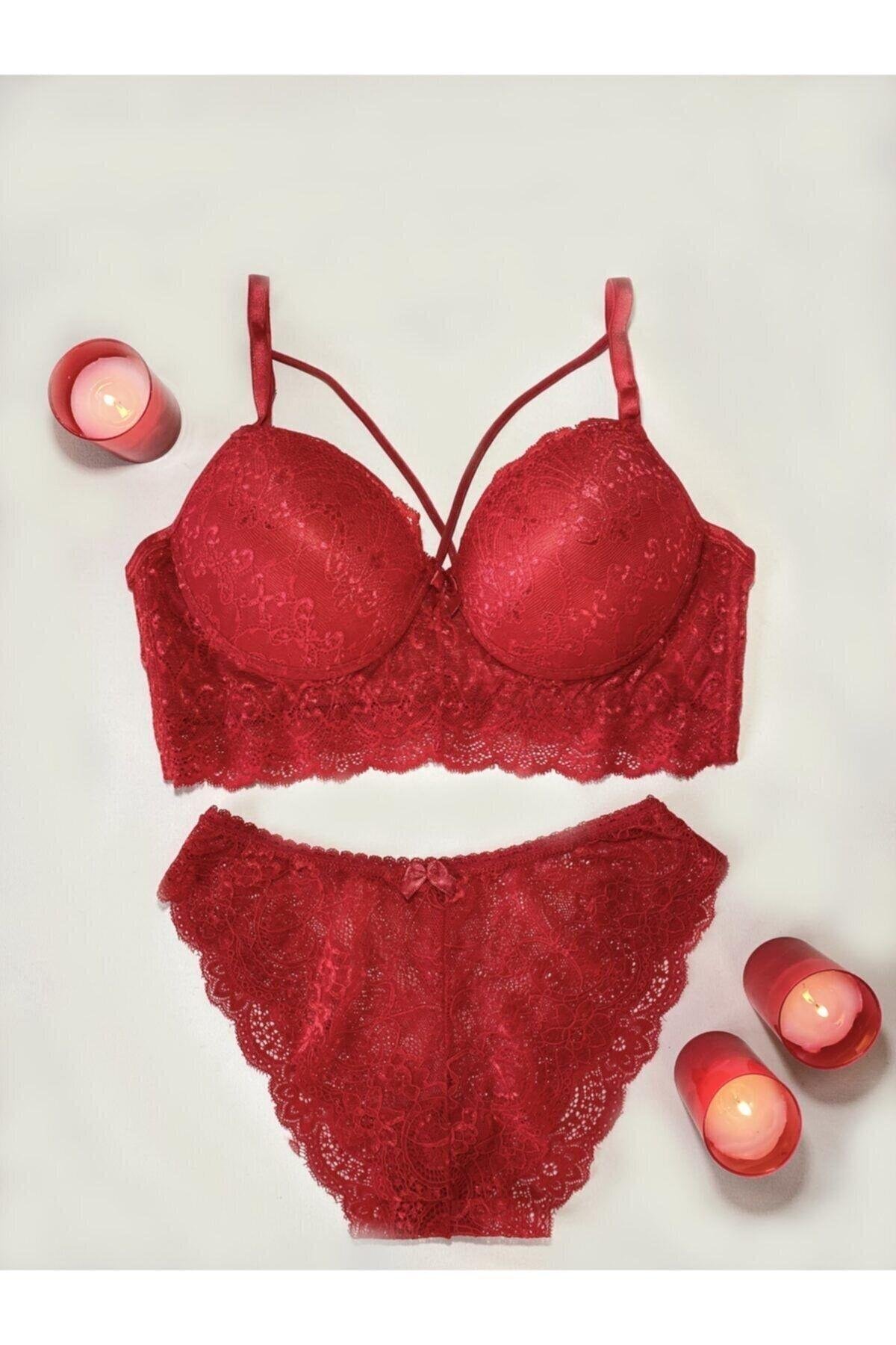  DESTEKSİZ DANTELLİ BRALET KIRMIZI SÜTYEN TAKIM