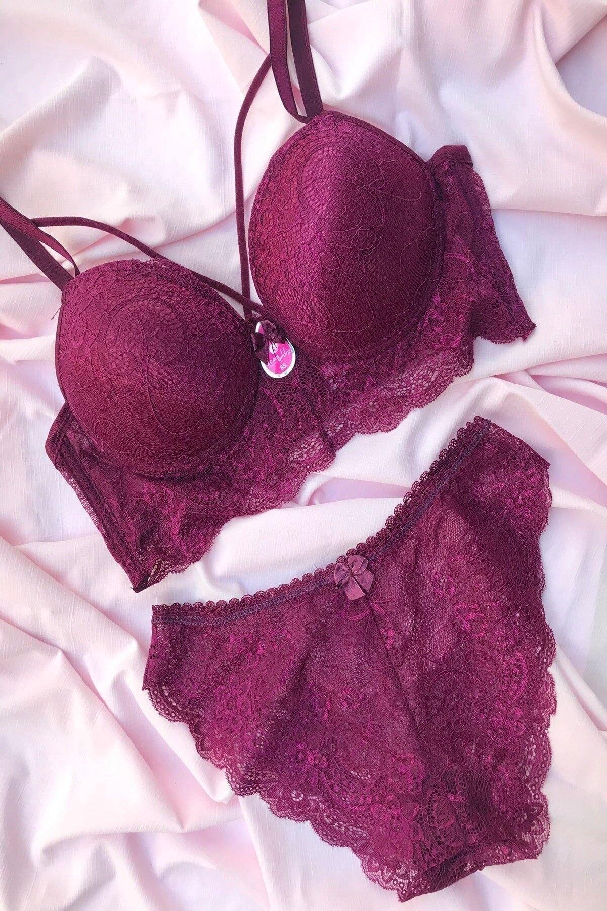  DESTEKSİZ DANTELLİ BRALET MÜRDÜM SÜTYEN TAKIM