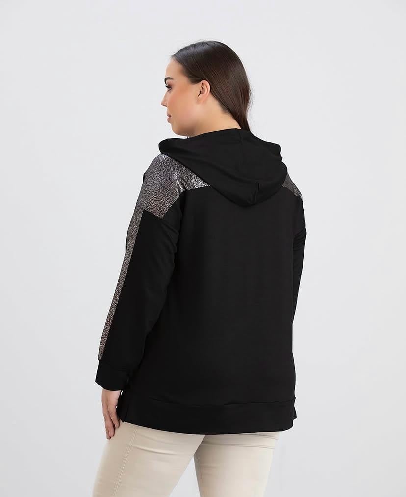  KAPÜŞONLU PARLAK ŞERİT DETAYLI SİYAH SWEATSHİRT