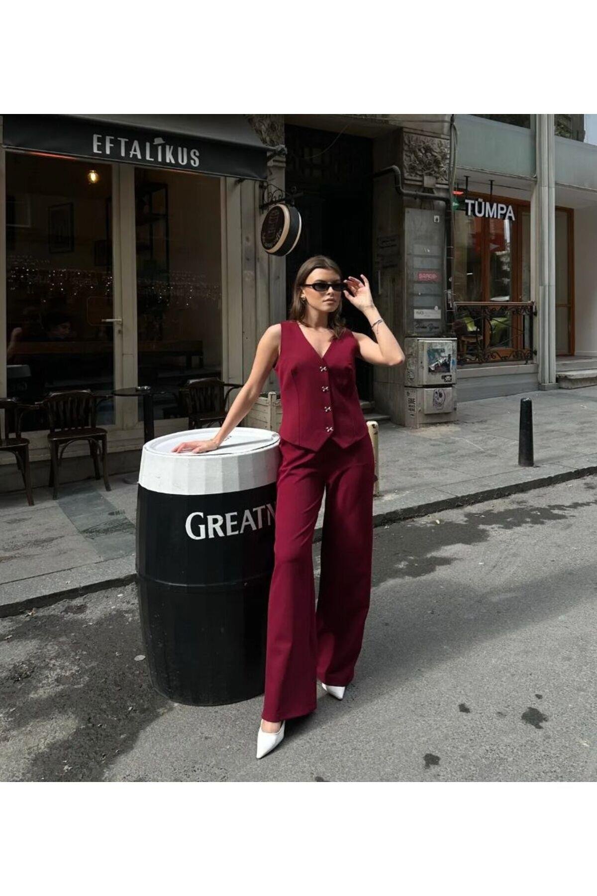 KUMAŞ PALAZZO PANTOLON YELEK BORDO TAKIM