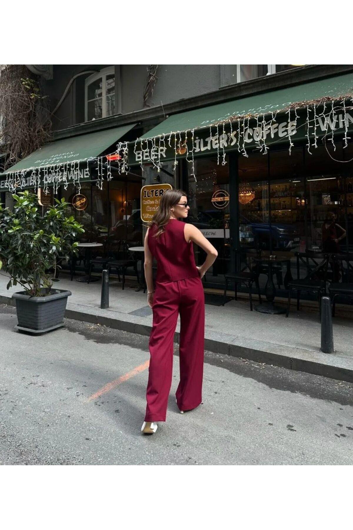  KUMAŞ PALAZZO PANTOLON YELEK BORDO TAKIM
