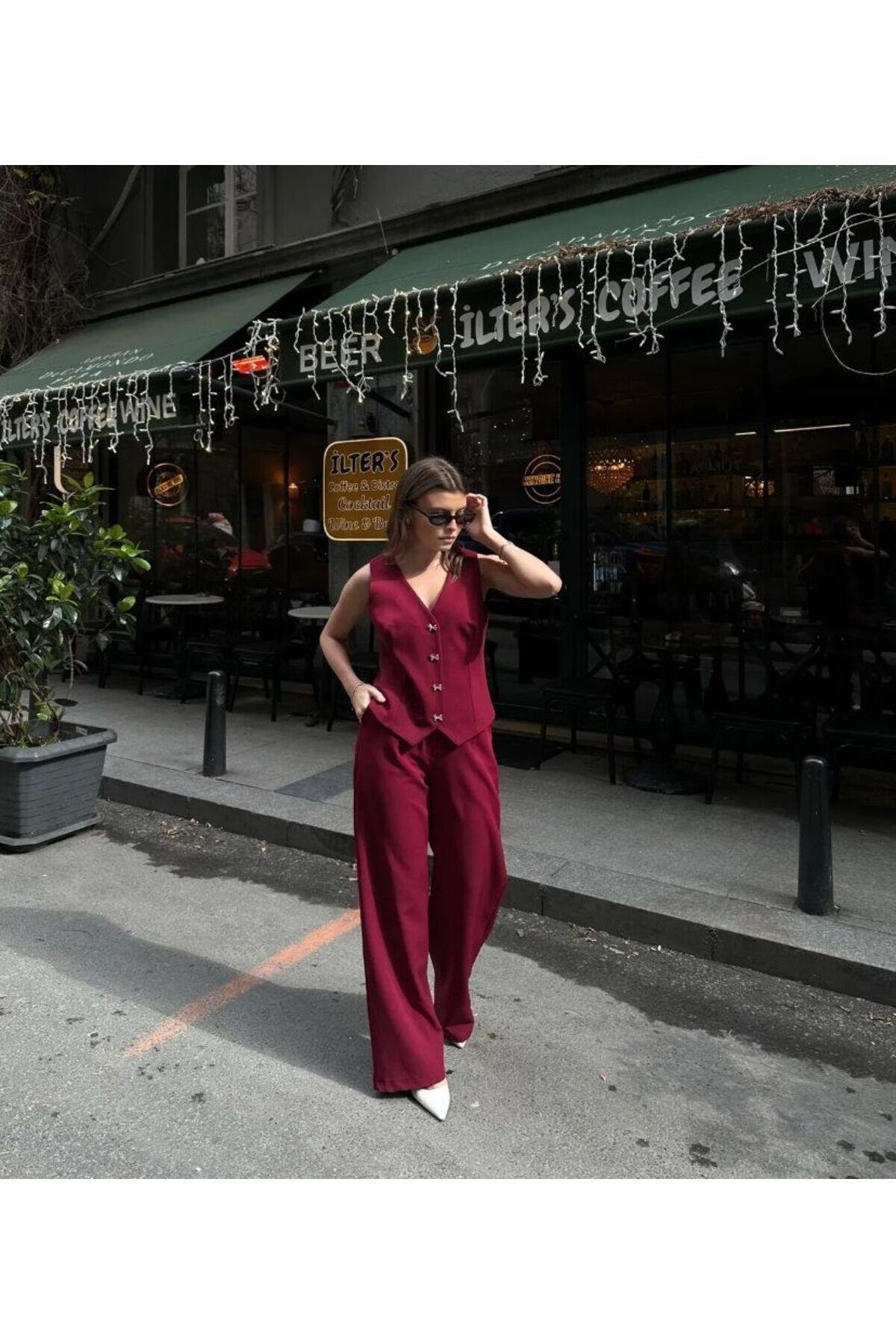 KUMAŞ PALAZZO PANTOLON YELEK BORDO TAKIM
