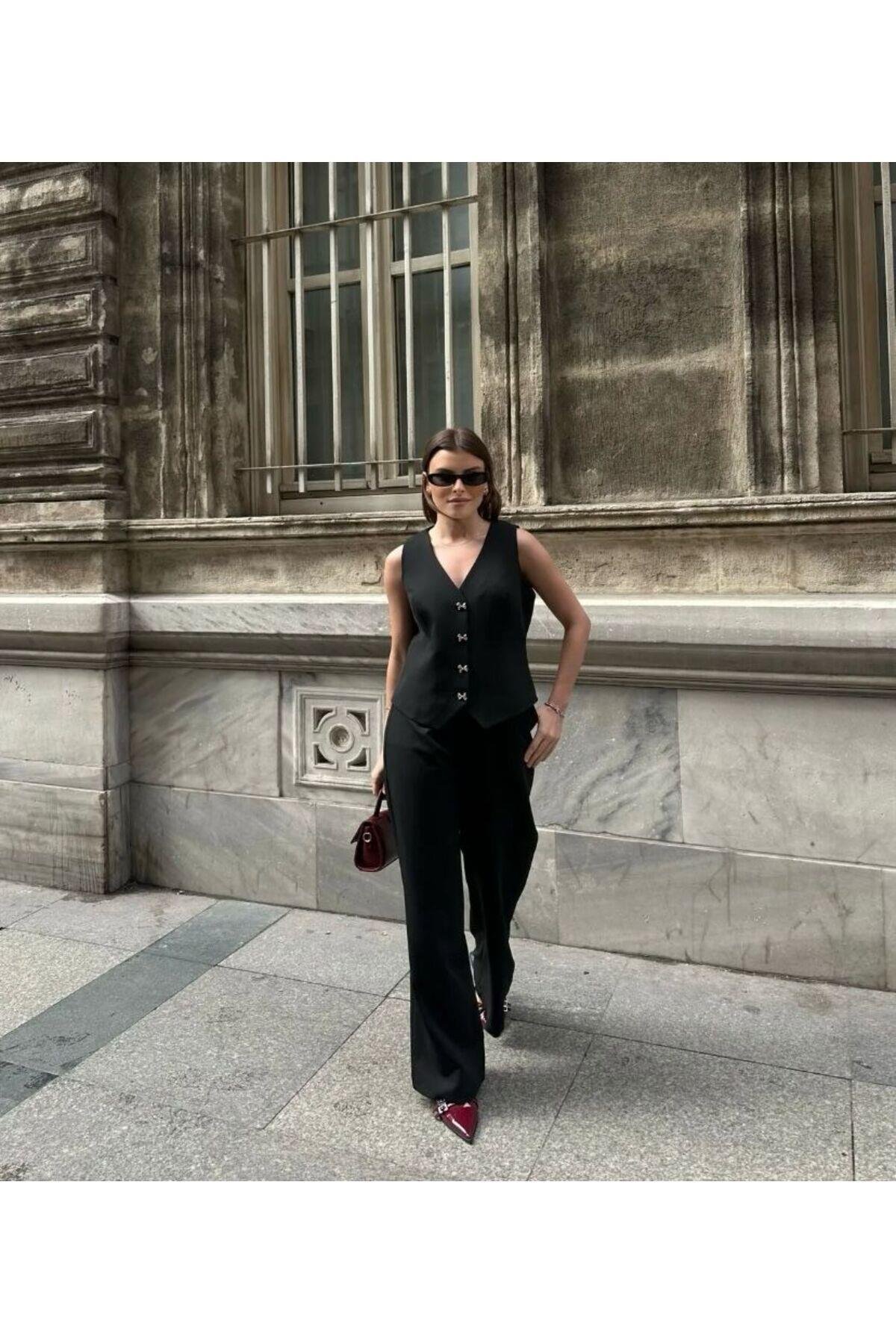  KUMAŞ PALAZZO PANTOLON YELEK SİYAH TAKIM
