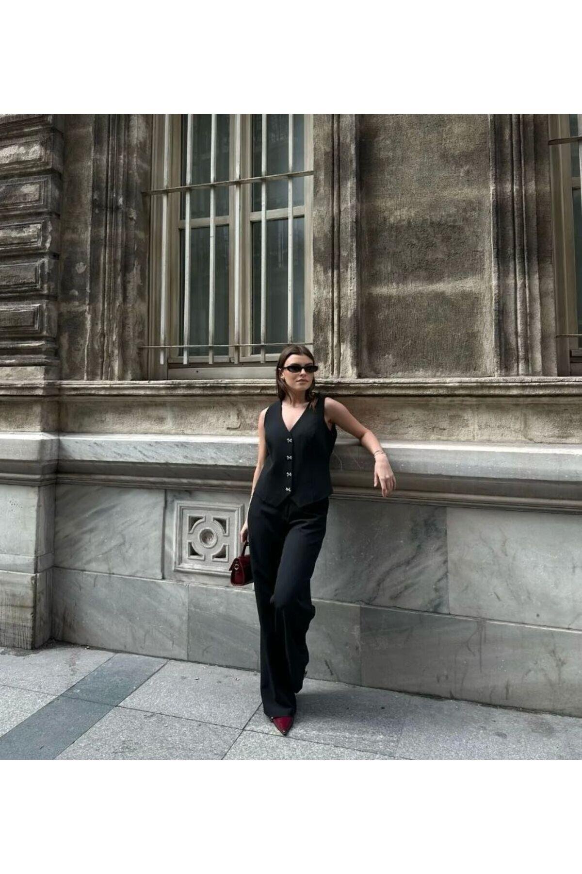  KUMAŞ PALAZZO PANTOLON YELEK SİYAH TAKIM