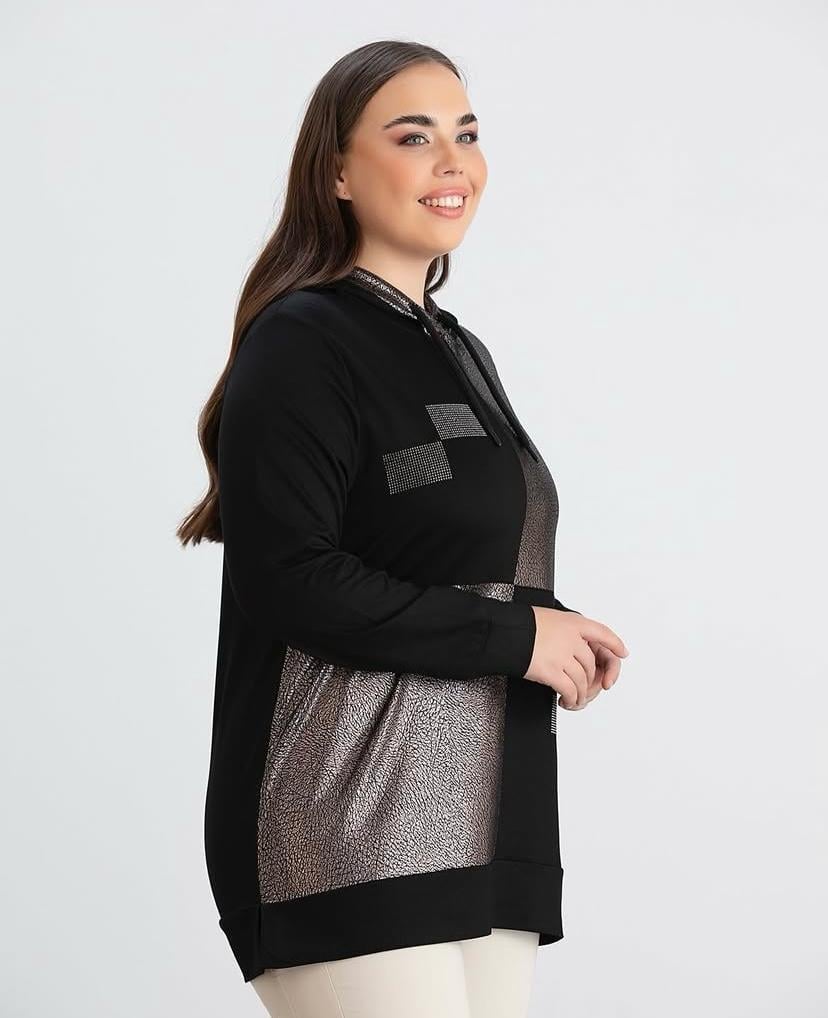 KAPÜŞONLU PARLAK KUMAŞ DETAYLI SWEATSHİRT
