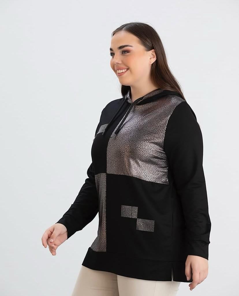 KAPÜŞONLU PARLAK KUMAŞ DETAYLI SWEATSHİRT
