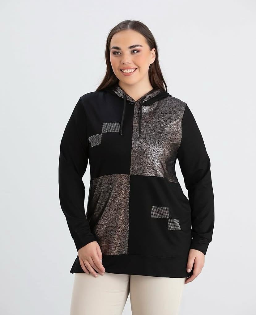 KAPÜŞONLU PARLAK KUMAŞ DETAYLI SWEATSHİRT