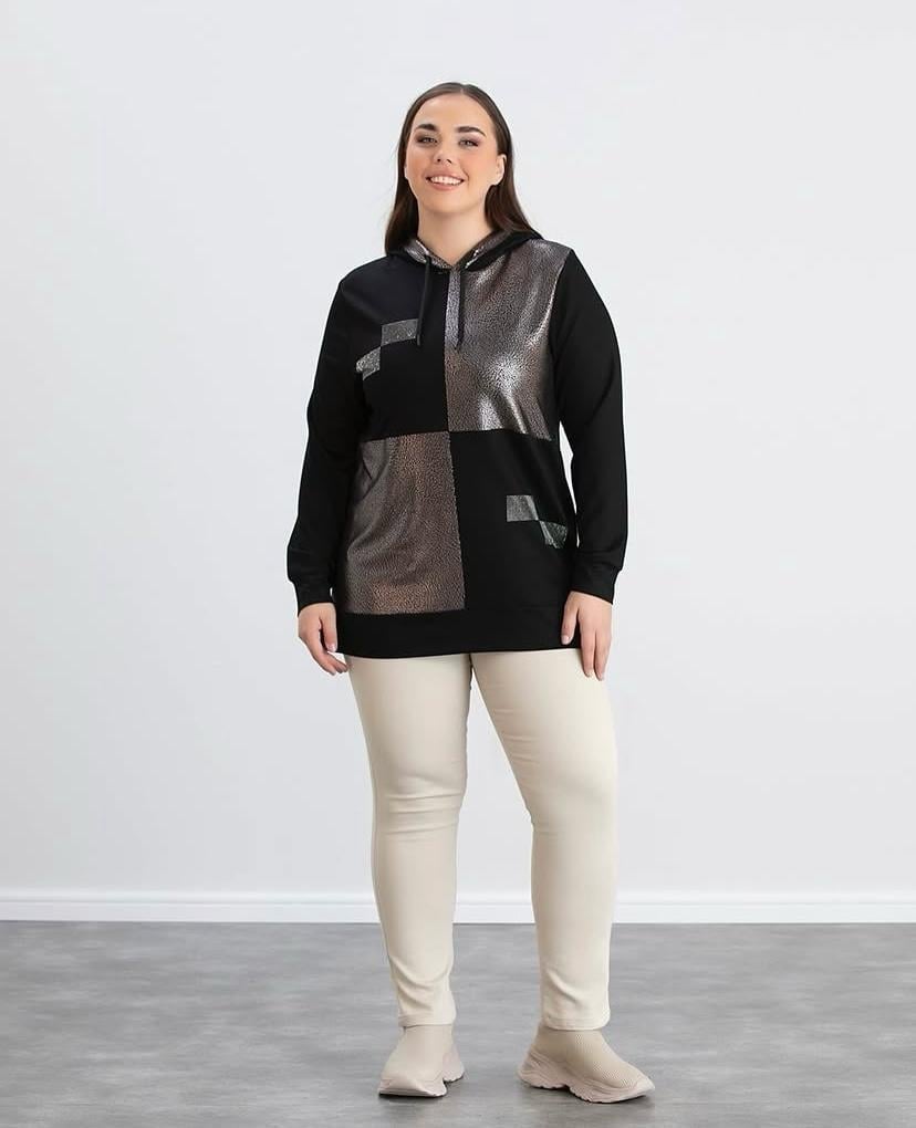 KAPÜŞONLU PARLAK KUMAŞ DETAYLI SWEATSHİRT