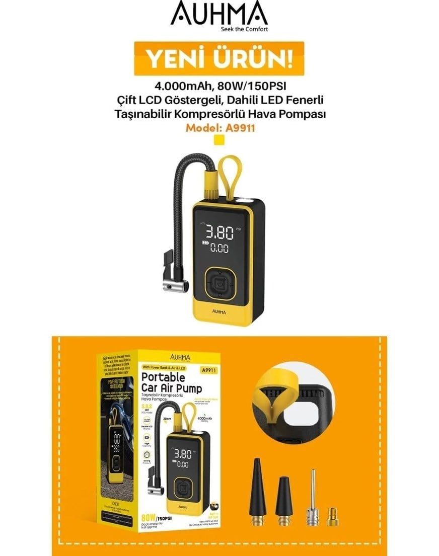 A9911 Portatif Kompresör 3'ü 1 Arada Powerbank, Hava Kompresörü, LCD Ekran, 4000mAh 150PSI
