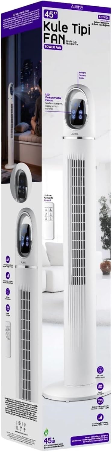 ACFN 45İnç Kule Tipi Vantilatör | 45W Güçlü Motor, 3 Kademeli Hız, Salınımlı, Zamanlayıcılı Tower Fan