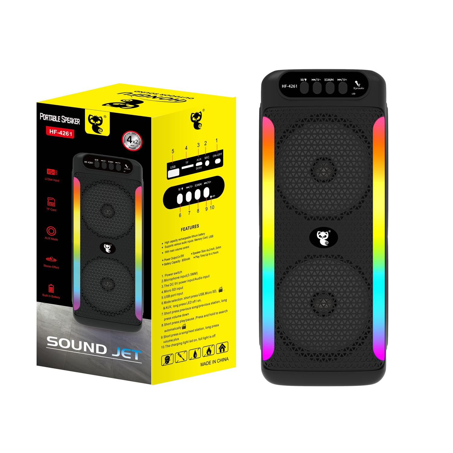 Bluetooth Hoparlör RGB Led Işıklı Mikrofonlu TF Kart, Telefon, AUX, Radyo, Kareoke, USB Bağlantı 800mAh Bataryalı