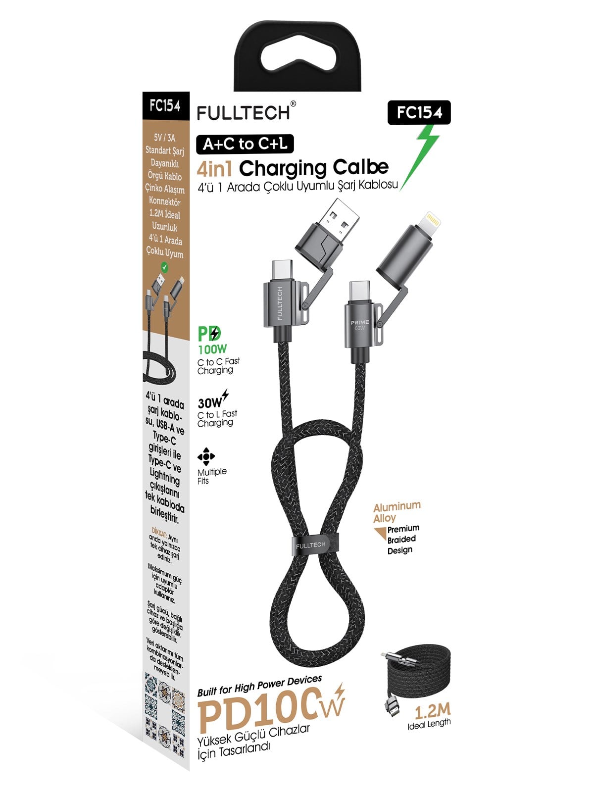 FC154 4'ü 1 Arada Şarj Kablosu PD 100W Type-C & Lightning Hızlı Şarj (A+C to C+L, 1.2M Örgü )