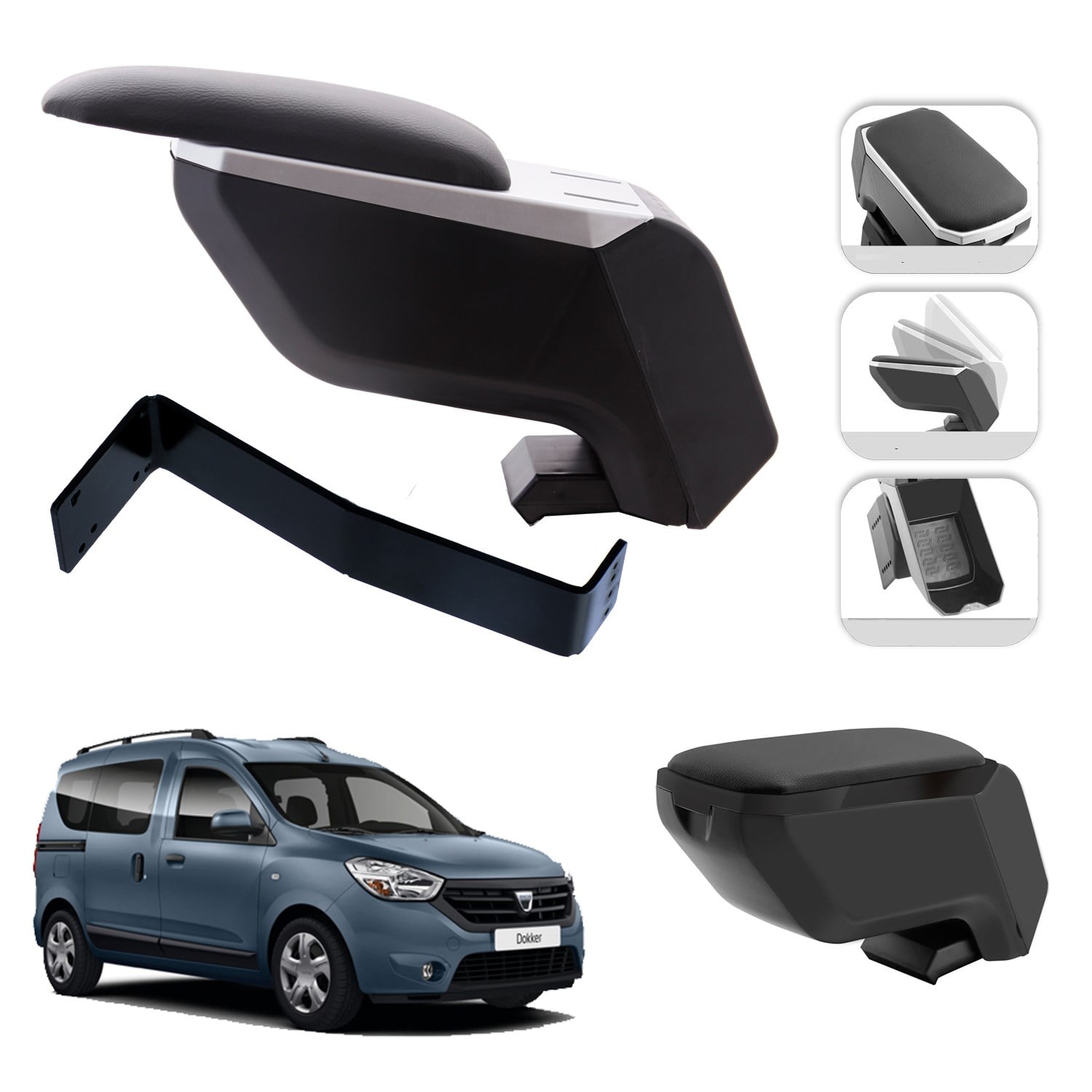 Mis Paket Dacia Dokker 2010-2020 Delmesiz Çelik Ayaklı Kolçak + Askılı Koku + Micro Fiber Bez + Torpido Süngeri