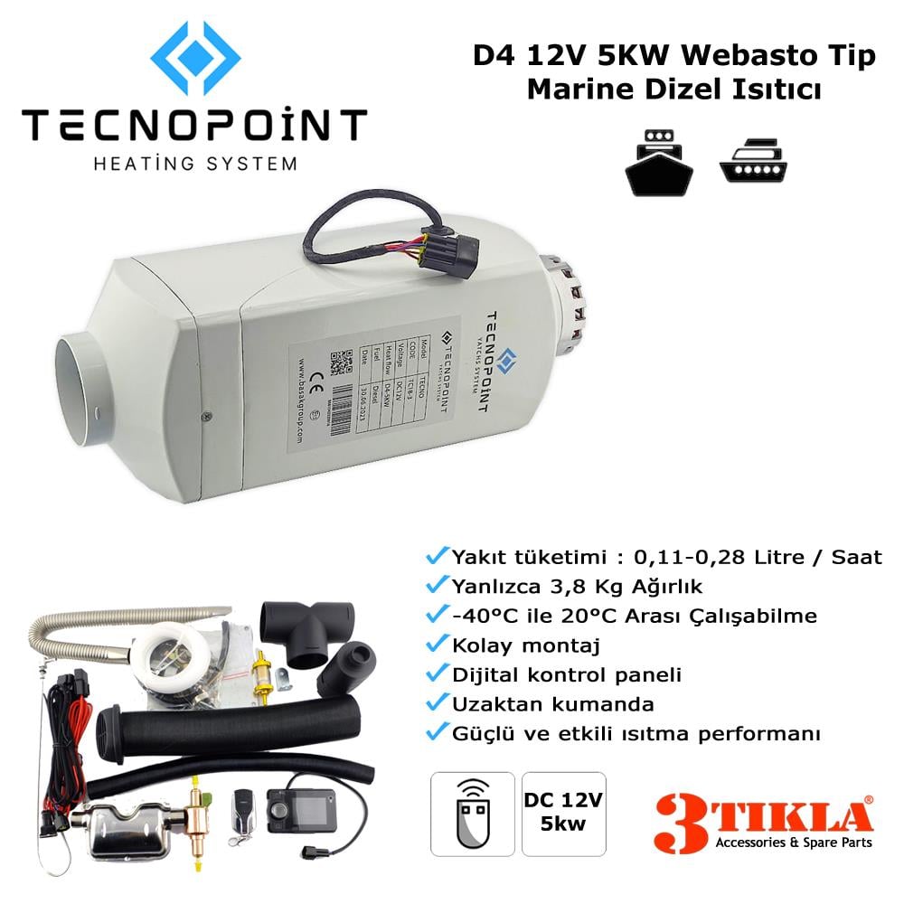 Tecnopoint TC18-03D Webasto Tip D4 Model Dizel Isıtıcı 12V 5KW  Tekne, Yat, Yüzen Ev Uyumlu