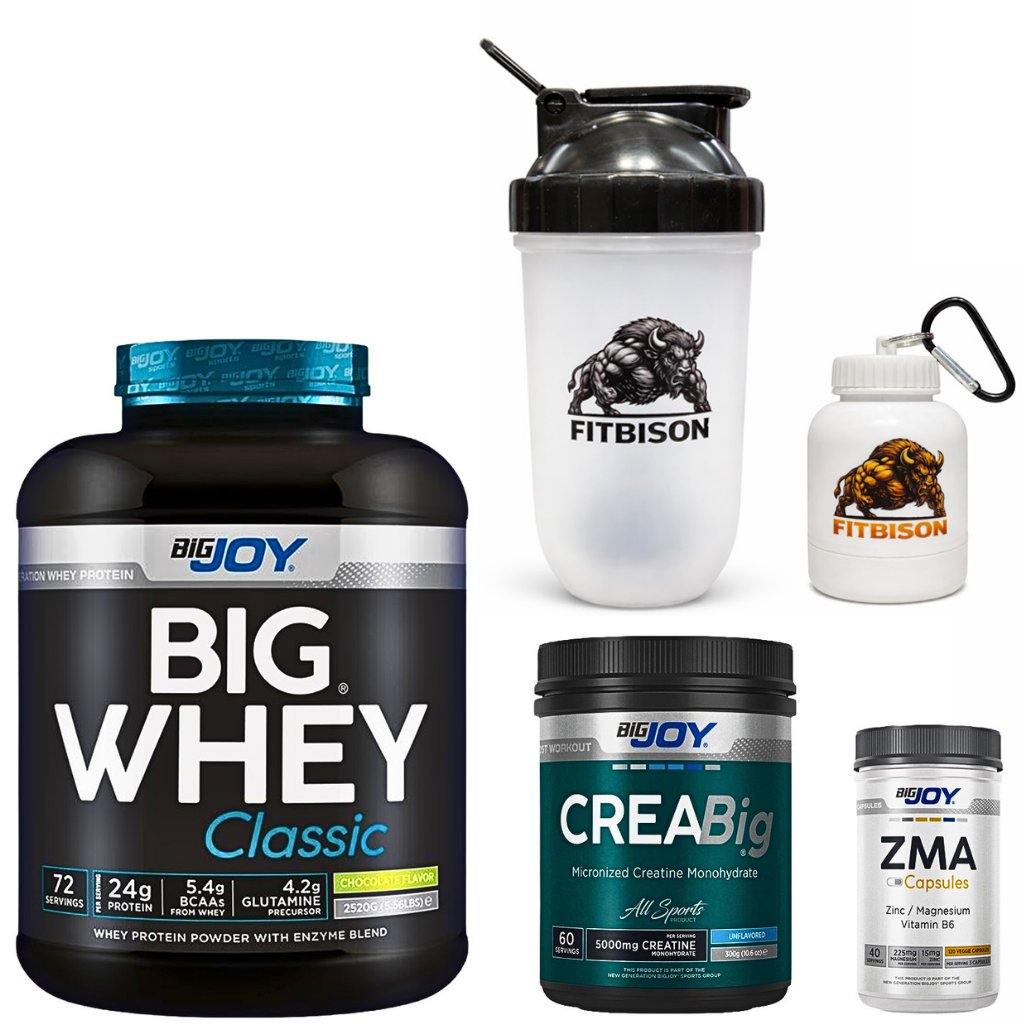 BESLE + GÜÇLEN + TOPARLAN SERİSİ-Big Whey (Protein Tozu) + CreaBig (Creatine) + ZMA (Çinko/Magnezyum) + Pro Shaker (700 ml) + Maskot Toz Taşıma Kutusu (100 ml)