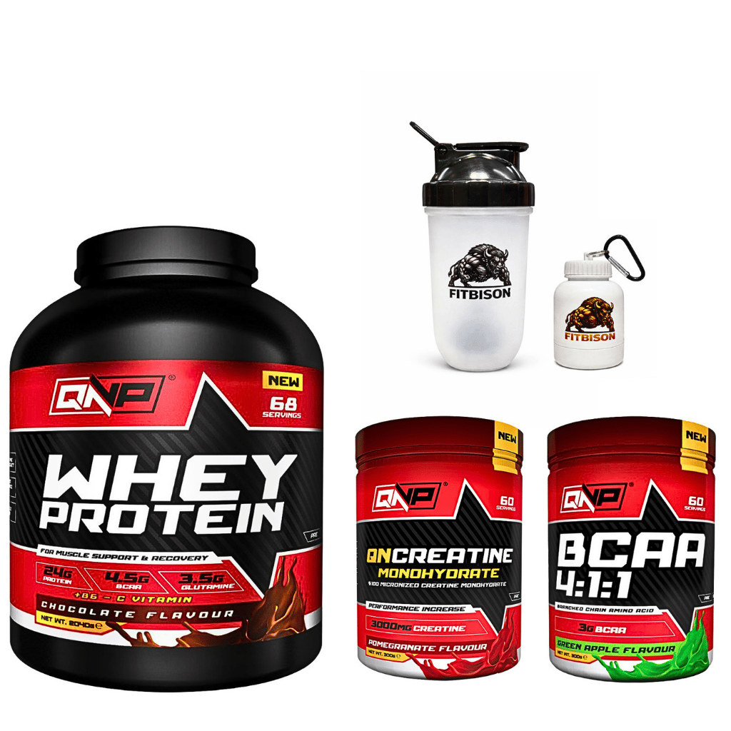 QNP KAS İNŞA ET + YAĞLARI YAK + GÜCÜ ARTIR Paket İçeriği: QNP Whey Protein (68 SERVİS) + QNP Creatine Monohydrate (60 SERVİS) + QNP BCAA 4:1:1  (60 SERVİS)+ Pro Shaker (700 ml) + Maskot Toz Taşıma Kutusu (100 ml)
