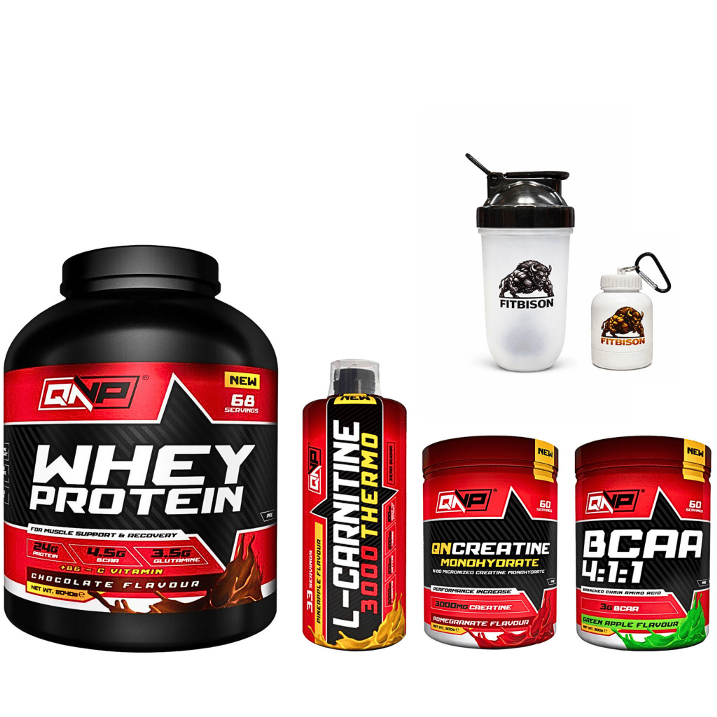 QNP KAS İNŞA ET + YAĞLARI YAK + GÜCÜ ARTIR SİSTEMİ Paket İçeriği: QNP Whey Protein + QNP L-Carnitine 3000 Thermo + QN Creatine Monohydrate + QNP BCAA 4:1:1 + Pro Shaker (700 ml) + Maskot Toz Taşıma Kutusu (100 ml)