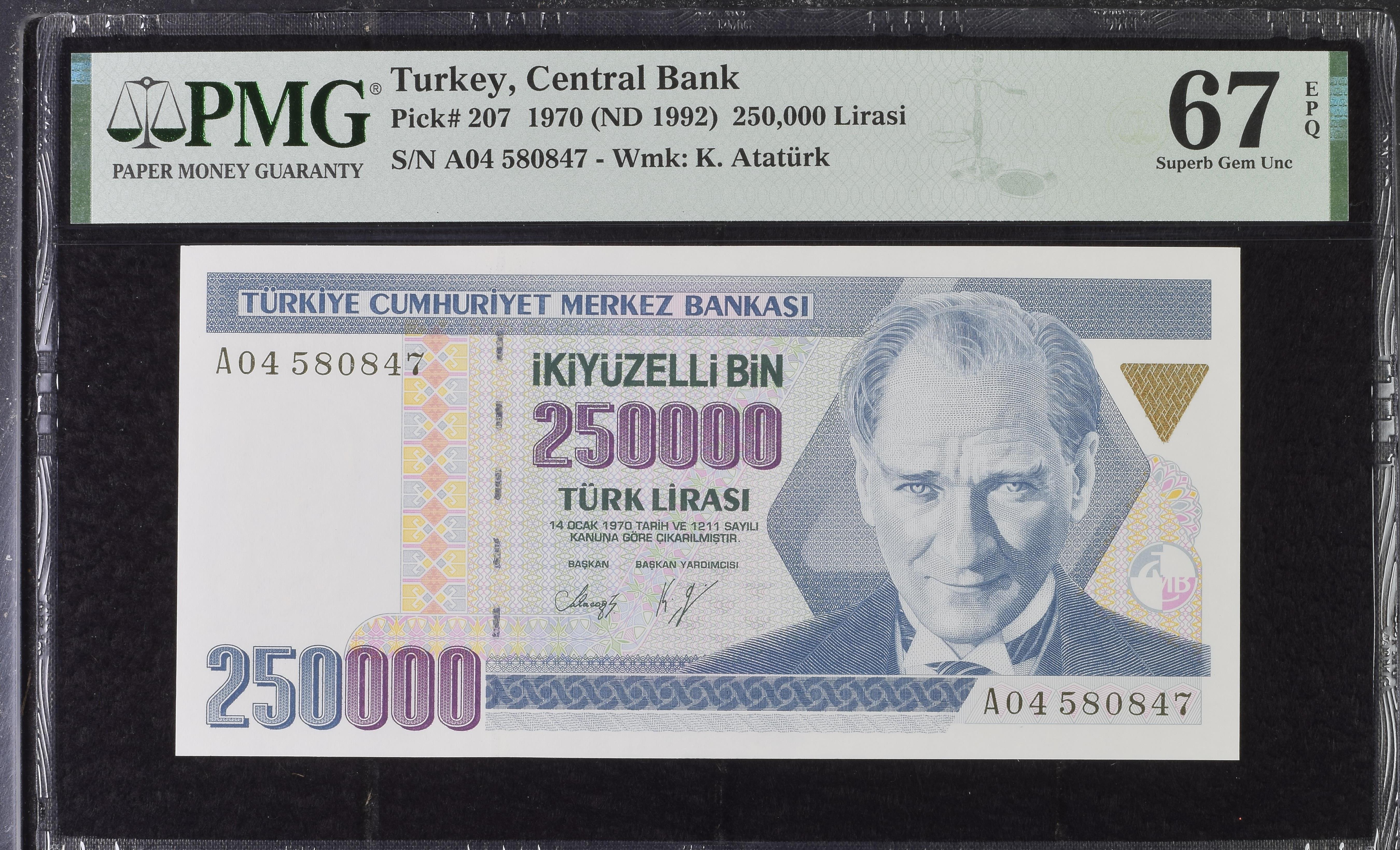 7. Emisyon 1. Tertip 250.000 Lira - A04 - PMG 67