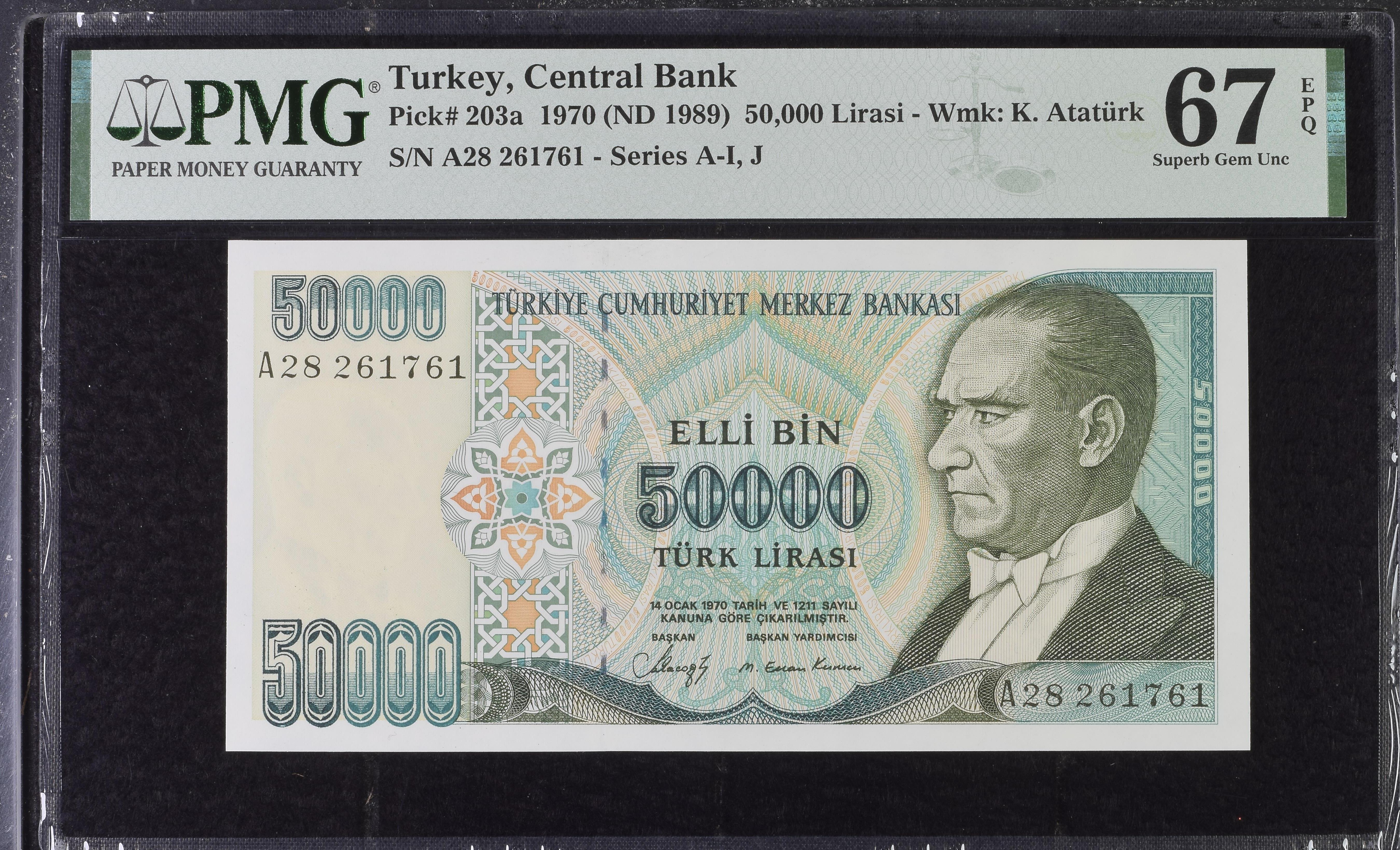 7. Emisyon 1. Tertip 50.000 Lira - A28 - PMG 67