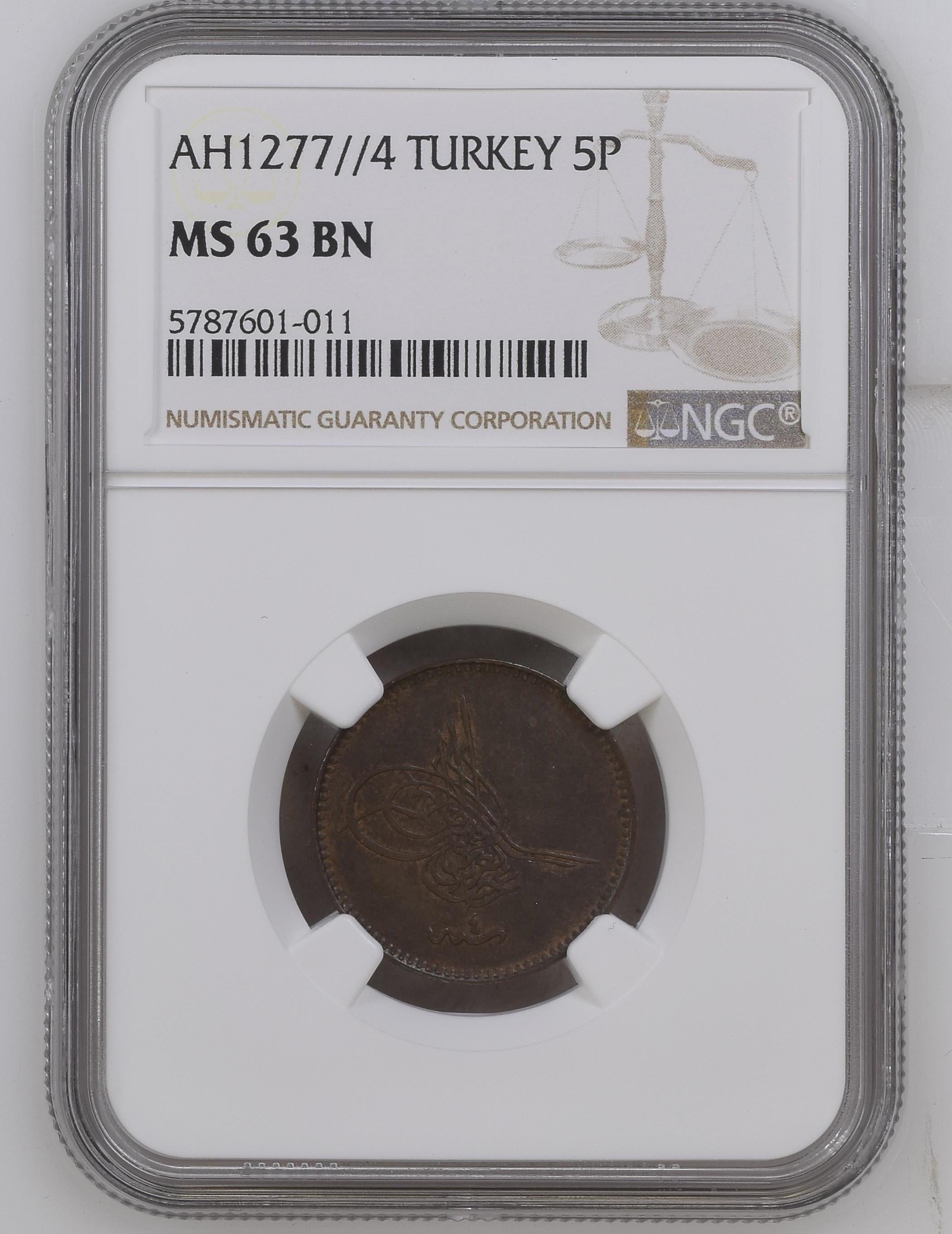 Sultan Abdülaziz 1277/4 Bakır 5 Para - ÇİL - NGC MS63 BN