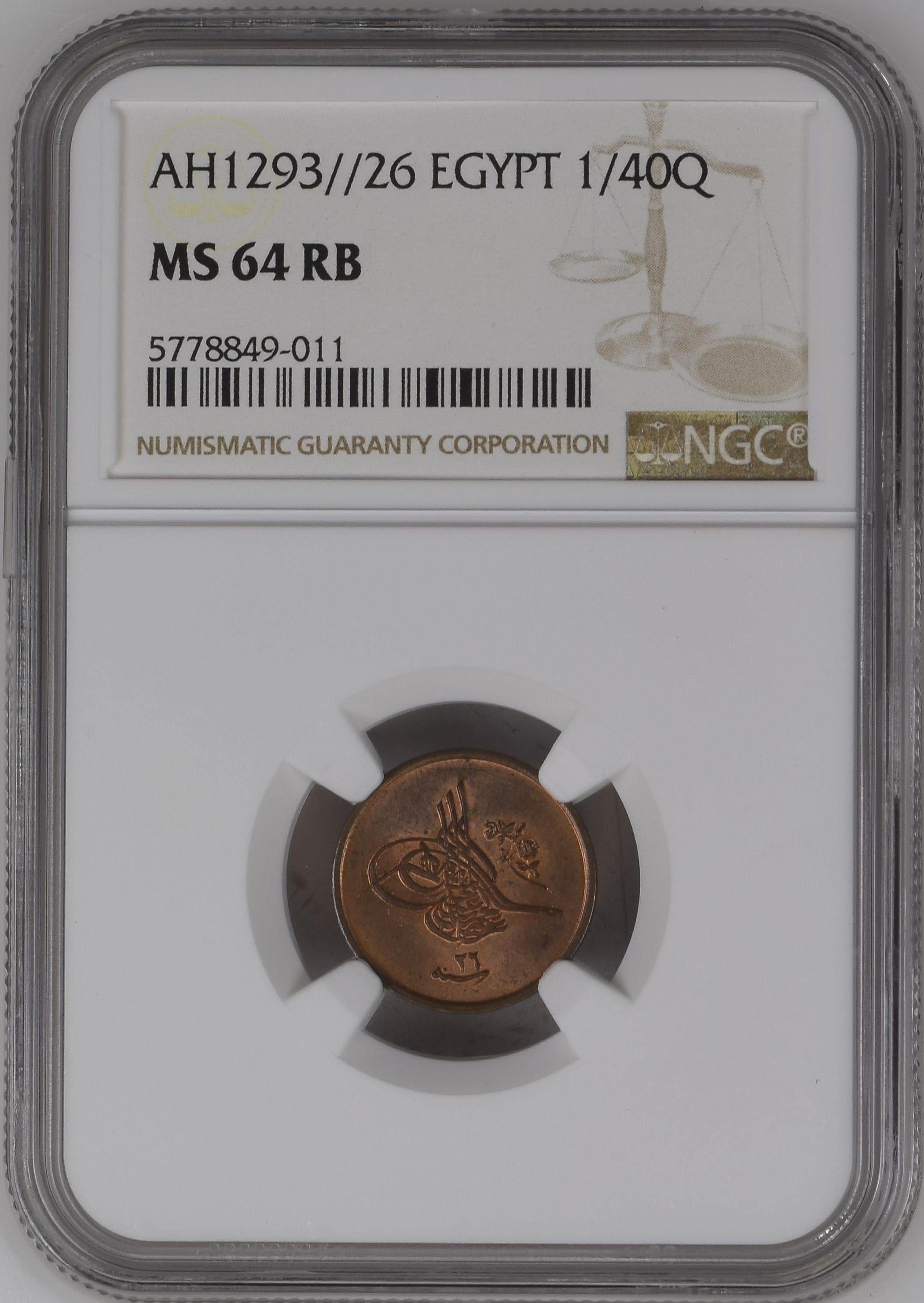 Sultan II. Abdülhamid 1293/26 Mısır 1/40 Kuruş - ÇİL - NGC MS64 RB