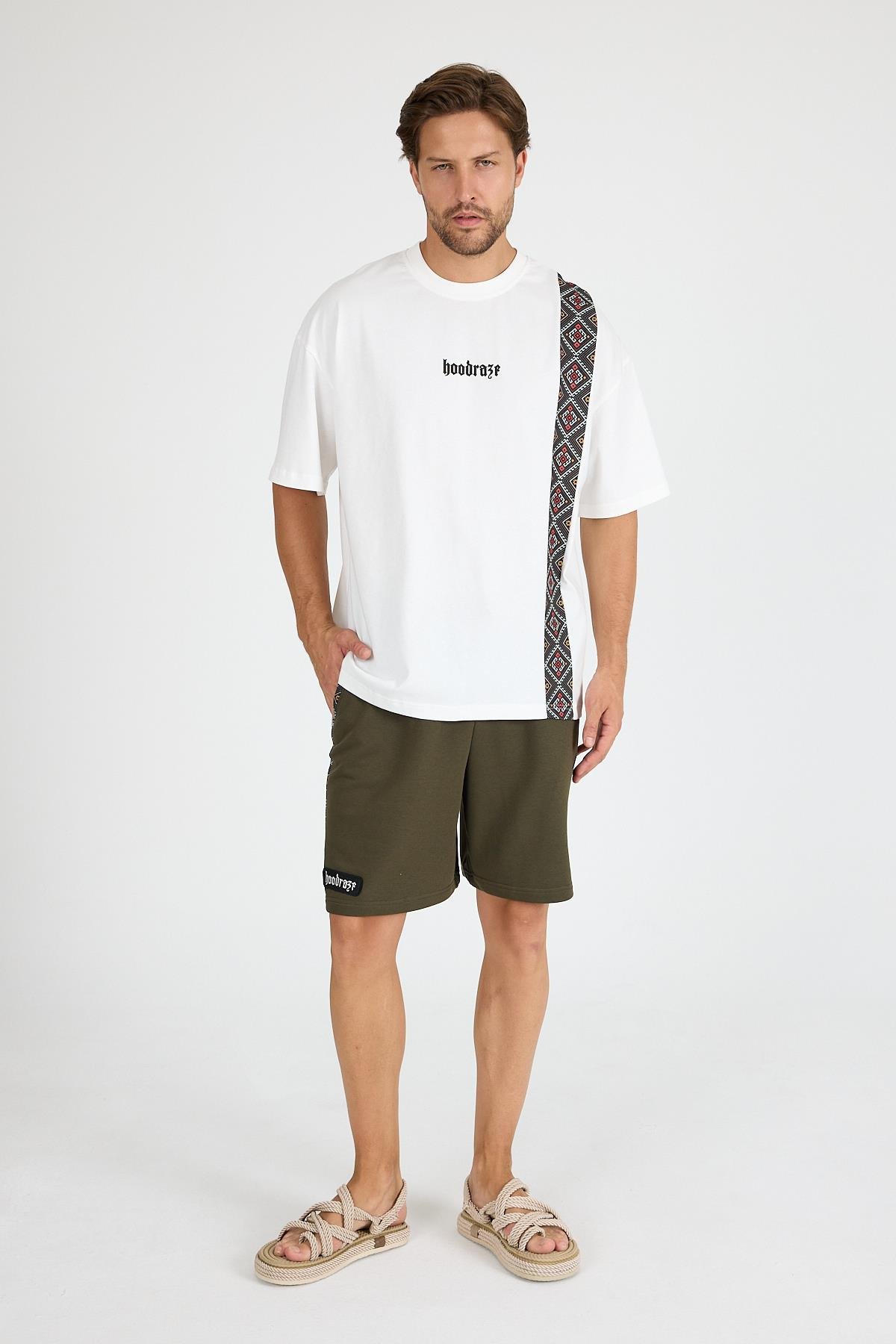 Erkek Beyaz Ön Geniş Garnili T-shirt Oversize