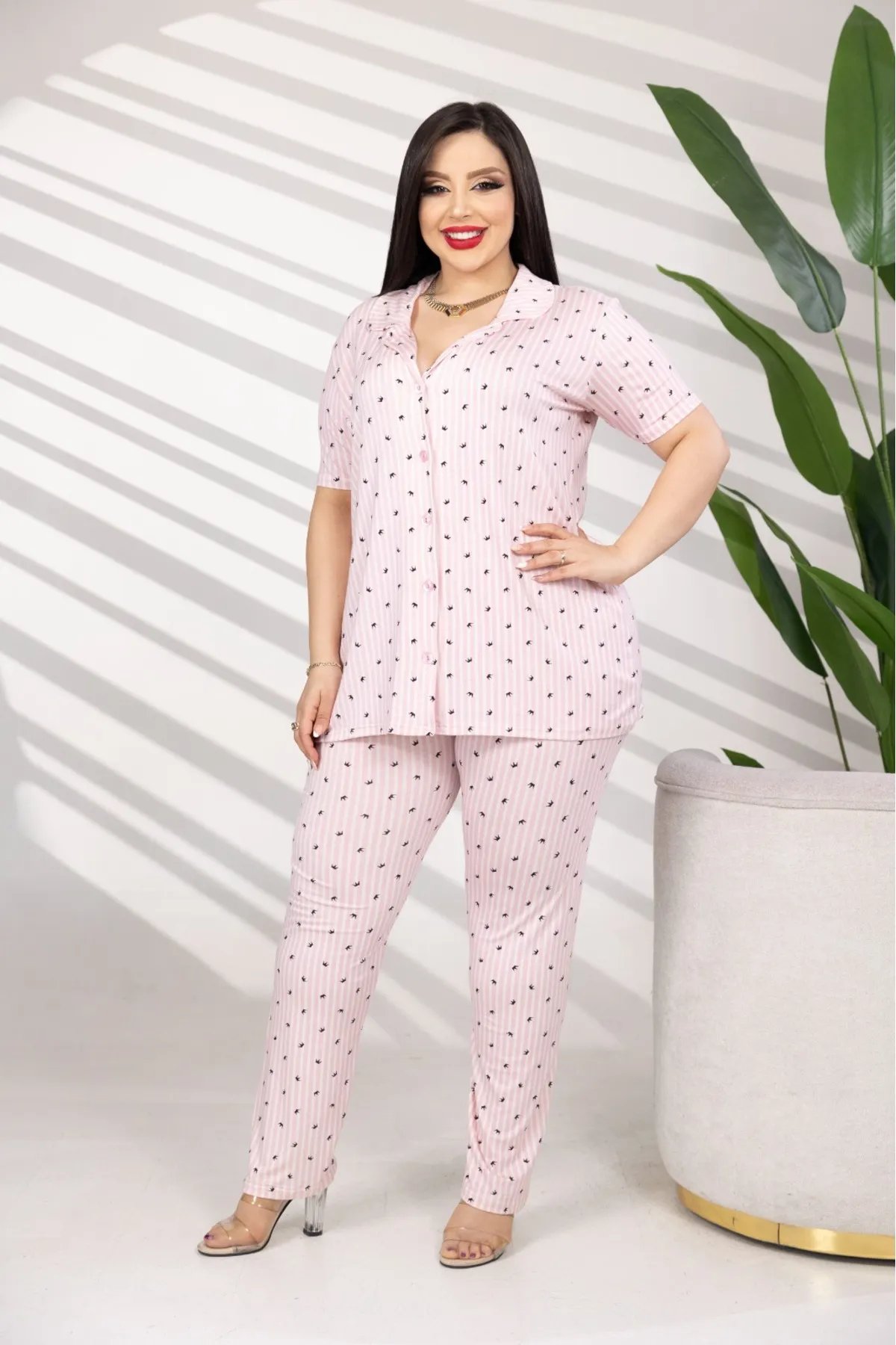 Bambu Gömlek Yakalı Boydan Düğmeli Pijama Takımı Büyük Beden Battal