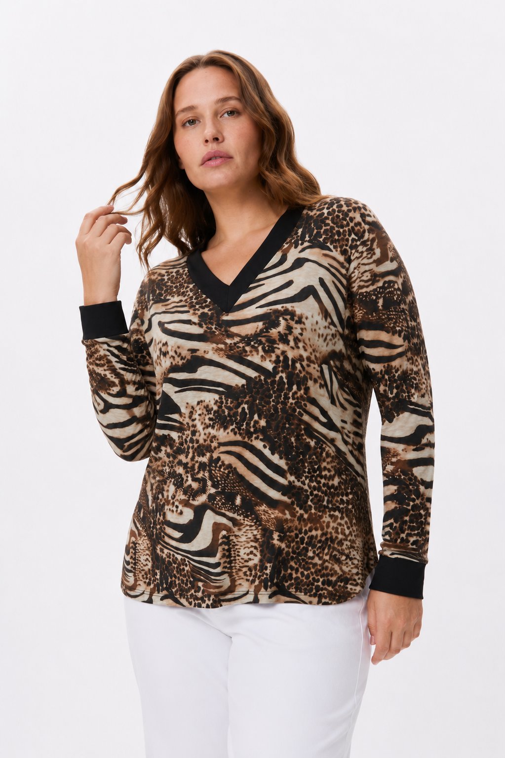 BAMBU KUMAŞ V YAKA LEOPAR ZEBRA DESEN BLUZ