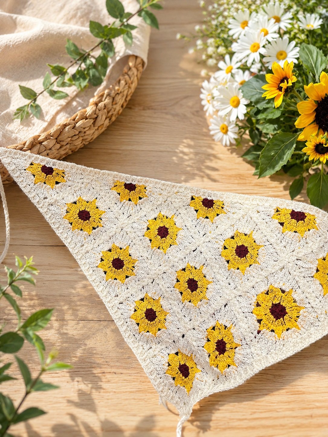 Ayçiçeği Desenli Örgü Bandana