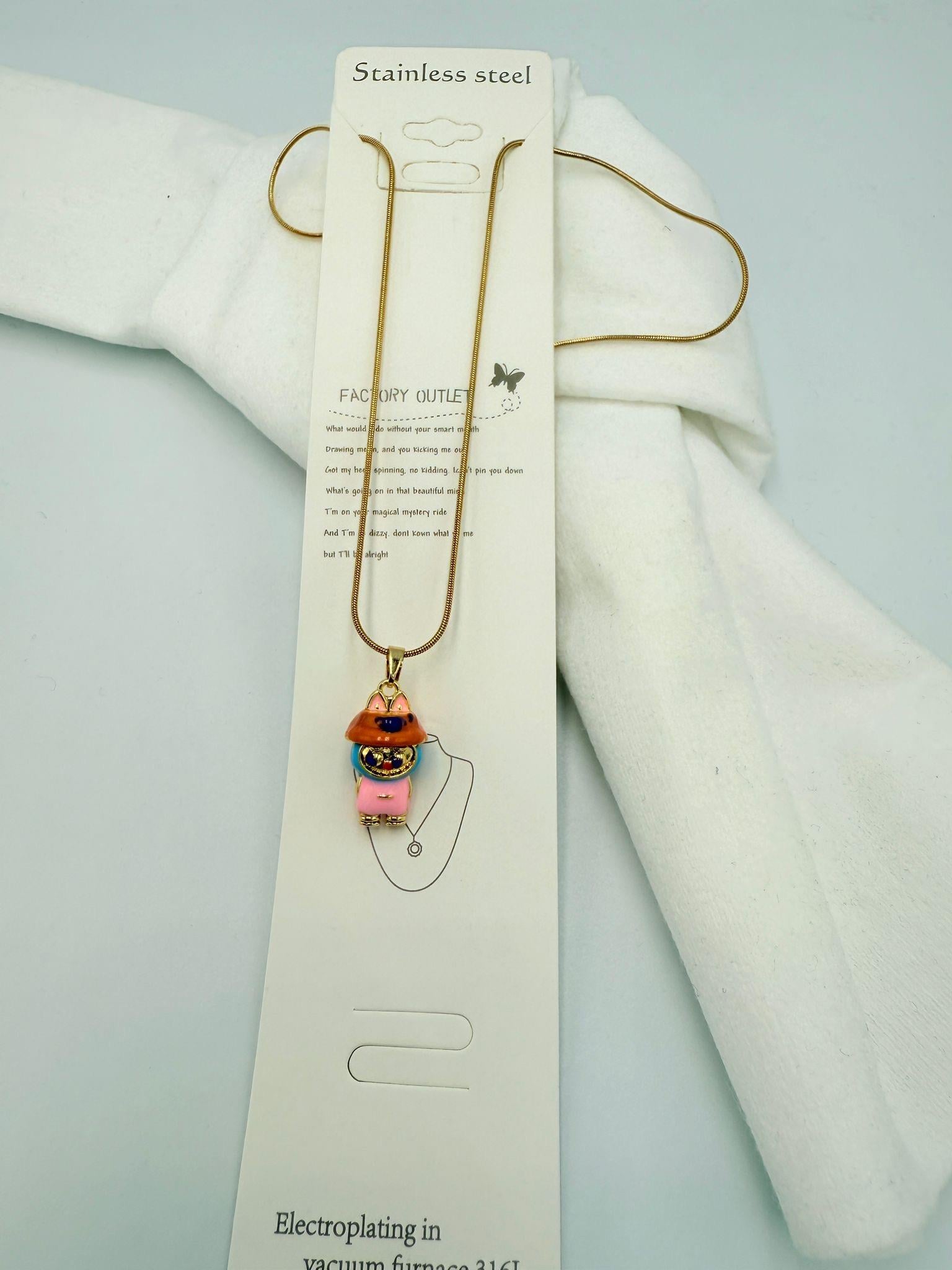 Çelik Labubu Pembe Kırmızı Kolye