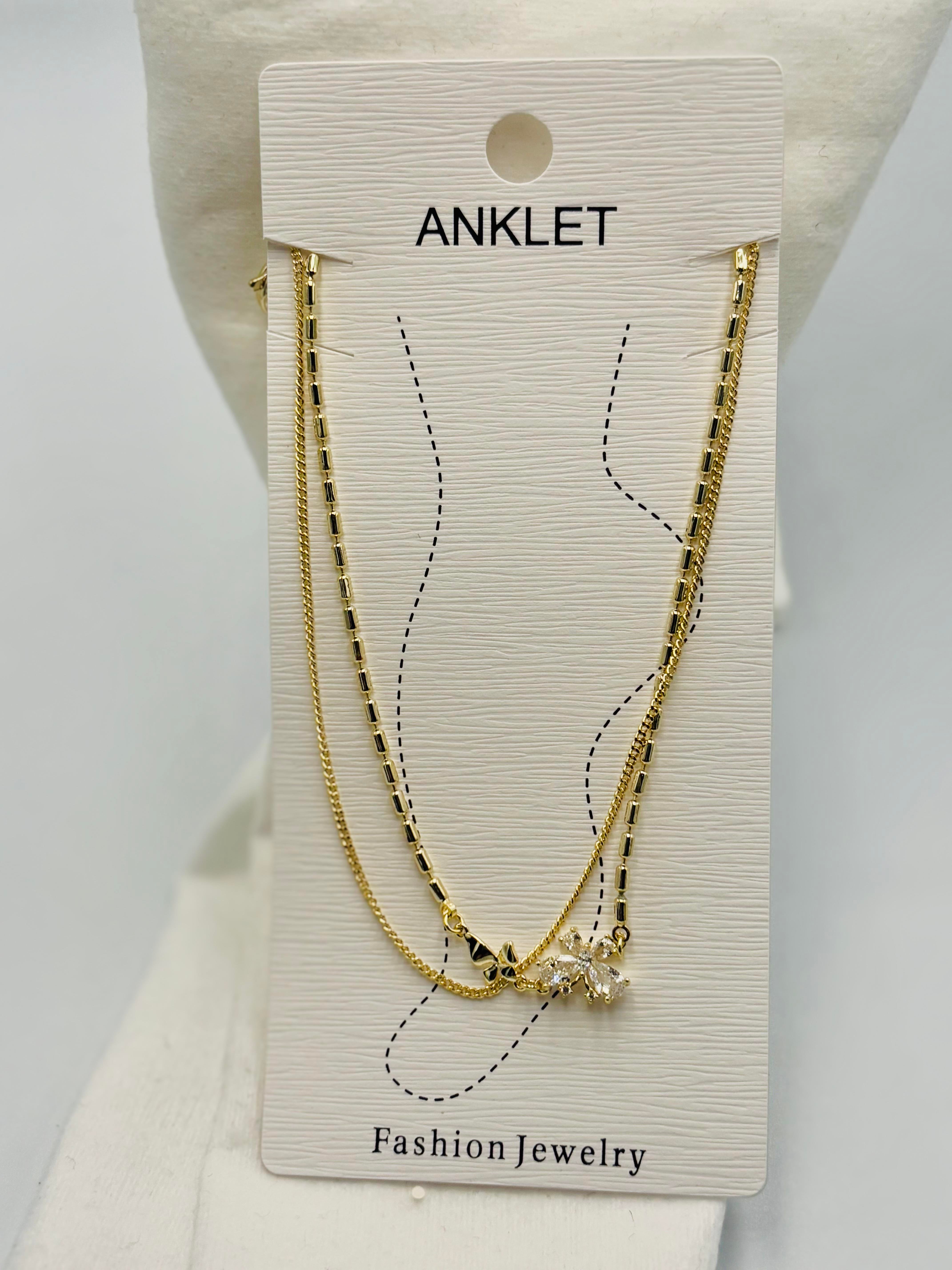 Çiçekli Çift Zincirli Gold Halhal