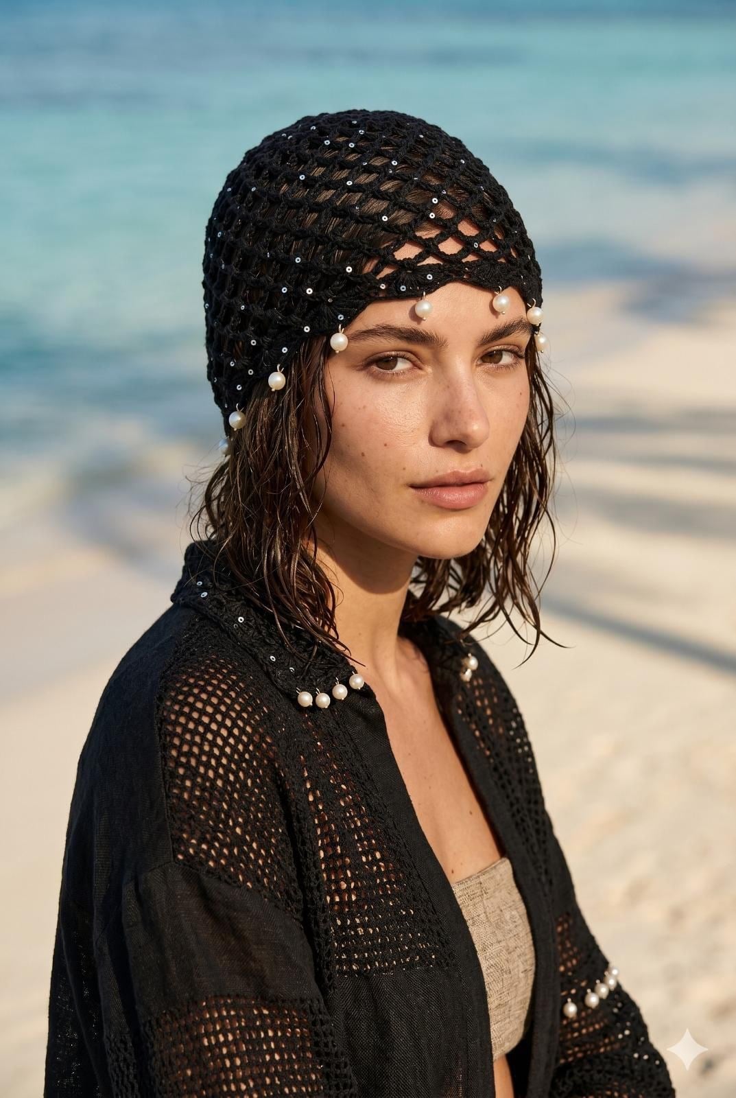 İncili Siyah Örgü Bandana