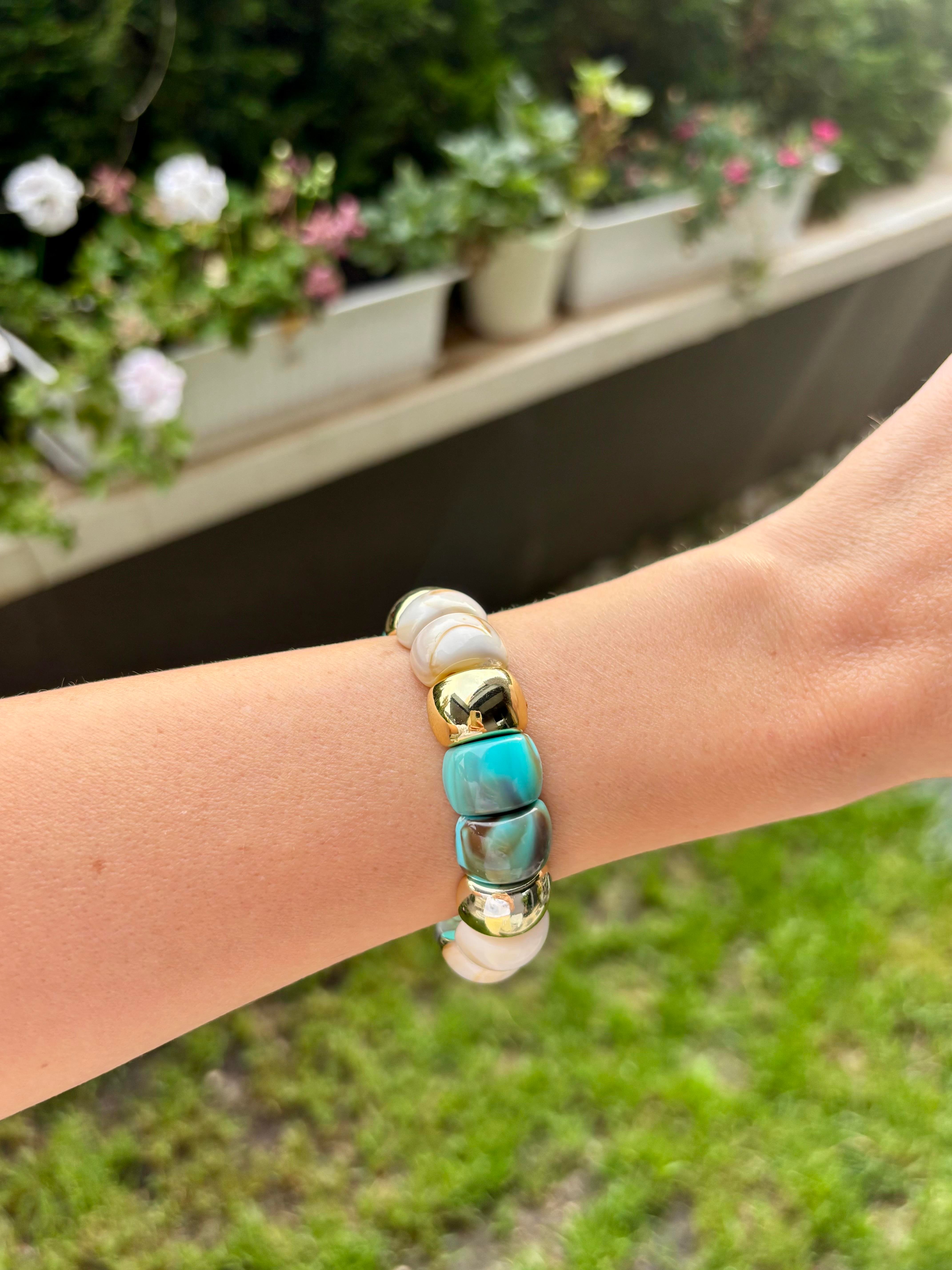 Mavi Krem Renk Taşlı Elastik Bileklik