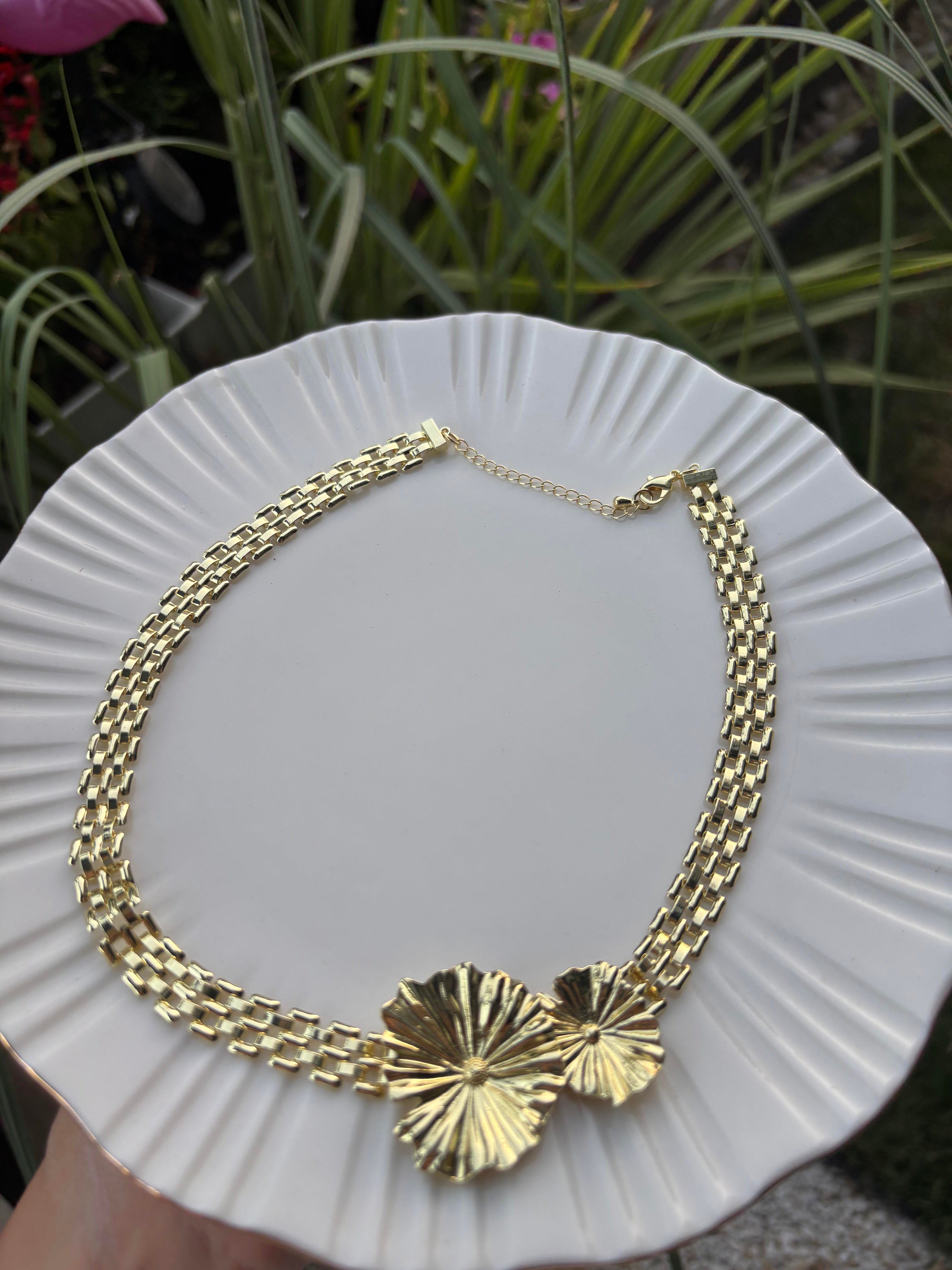 Premium Gold Chocker İkili Çiçek Kolye