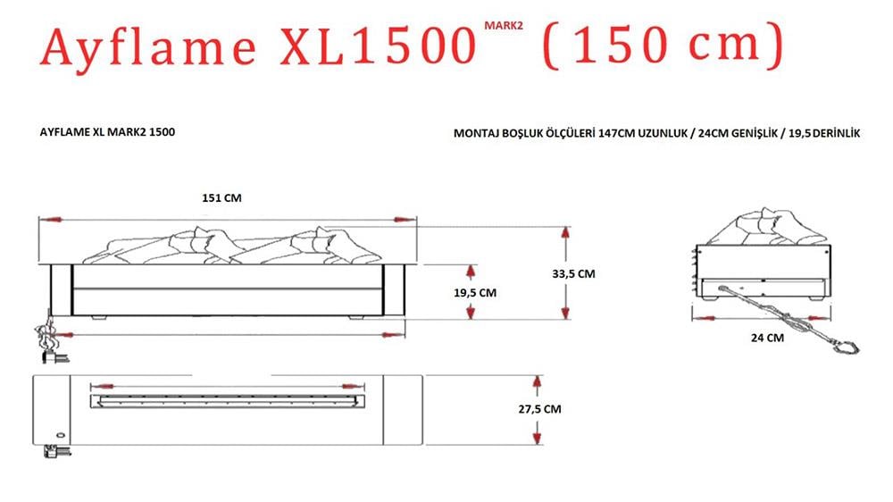 AYFLAME 150'LİK 3 BOYUTLU ELEKTRİKLİ ŞÖMİNE