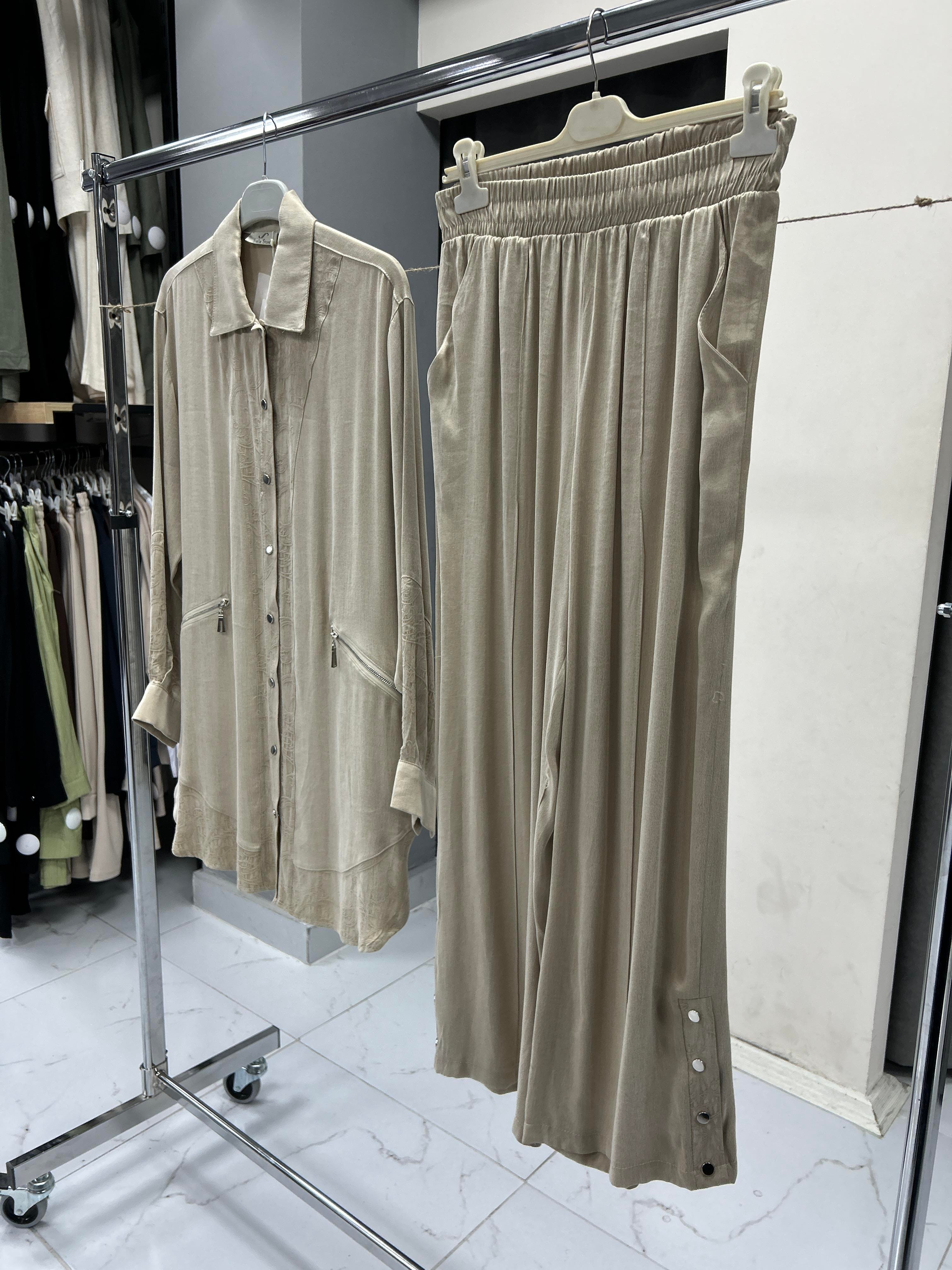 1238 STELLA STORE PATI VE KOLU KENDINDEN DESENLI TAKIM - KREM
