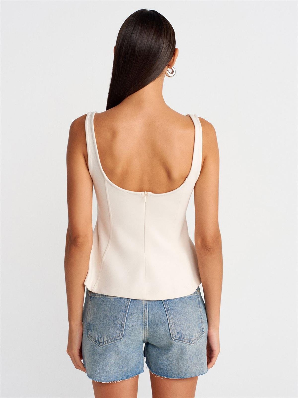 21063 DİLVİN KALIN ASKILI PEPLUM TOP-AÇIK BEJ