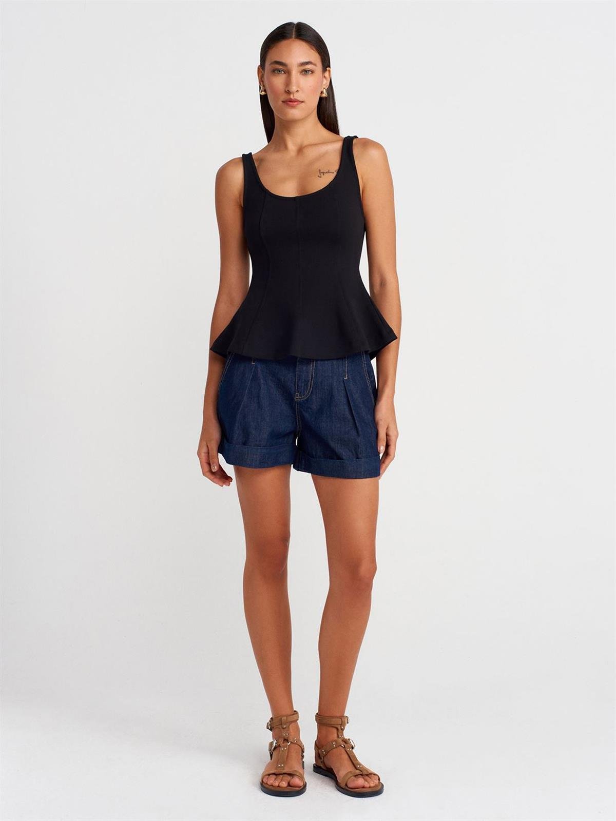 21063 DİLVİN KALIN ASKILI PEPLUM TOP-SİYAH