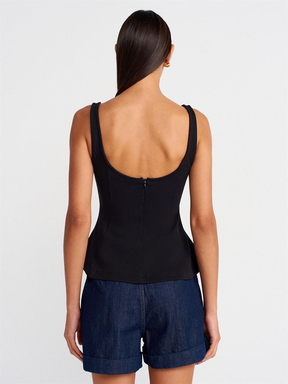 21063 DİLVİN KALIN ASKILI PEPLUM TOP-SİYAH