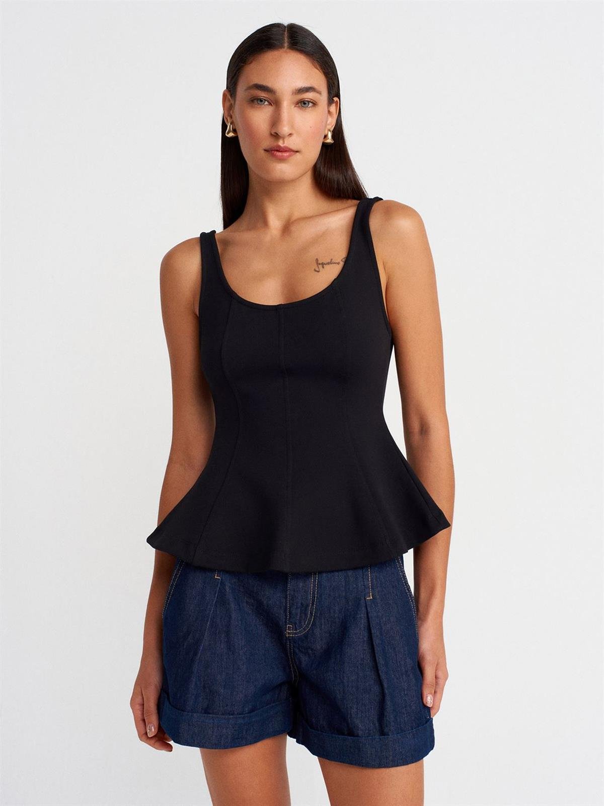 21063 DİLVİN KALIN ASKILI PEPLUM TOP-SİYAH