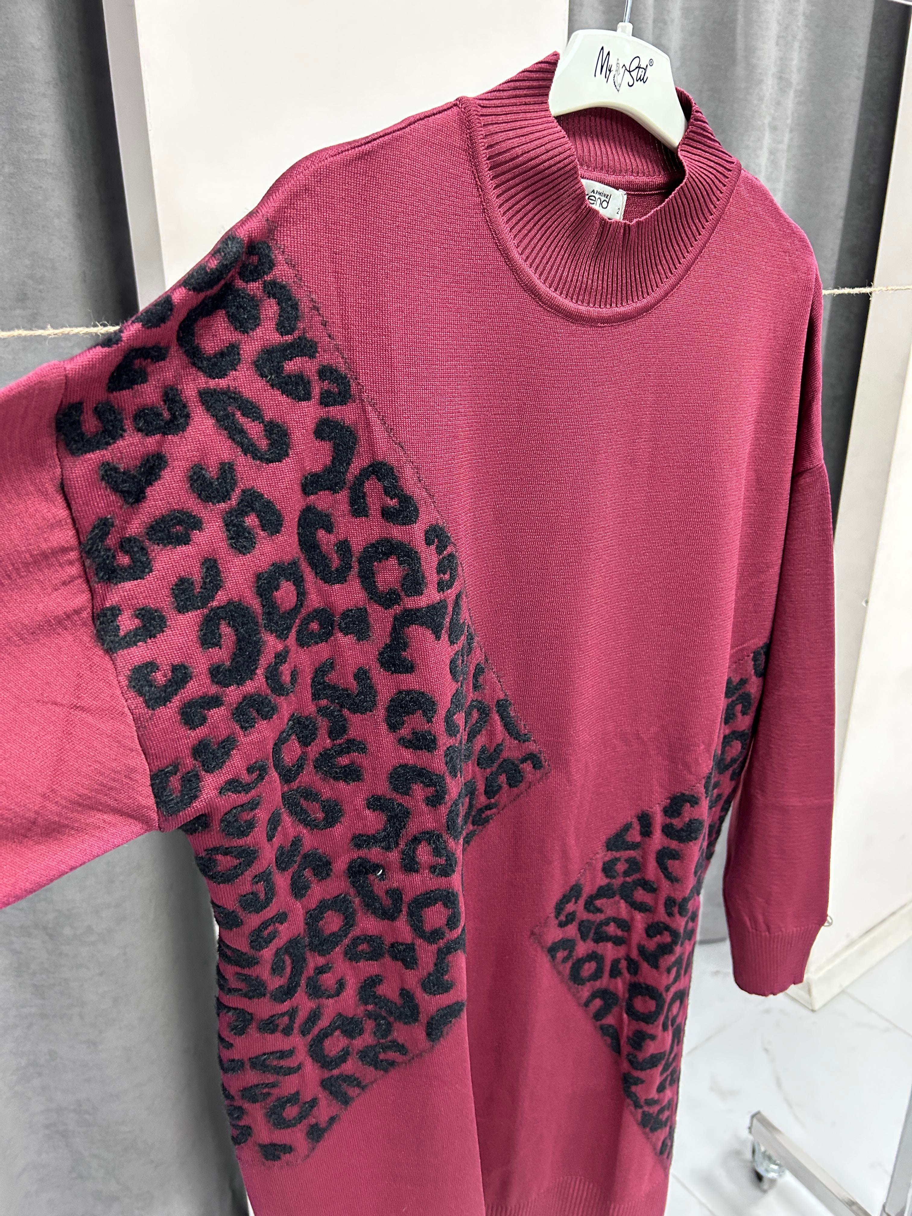 25YTD4109 ARMİNE TREND YAN LEOPAR DESEN KAZAK - BORDO