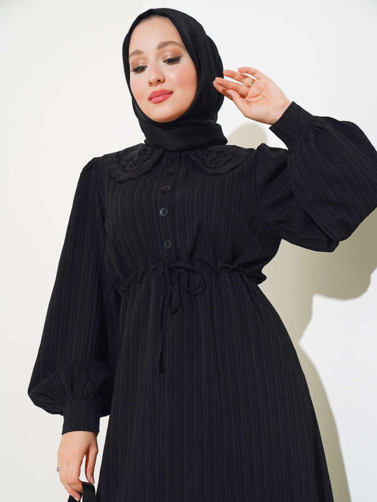 4330 FİXAY BEL TÜNELLİ BEBE YAKA ELBİSE - SİYAH
