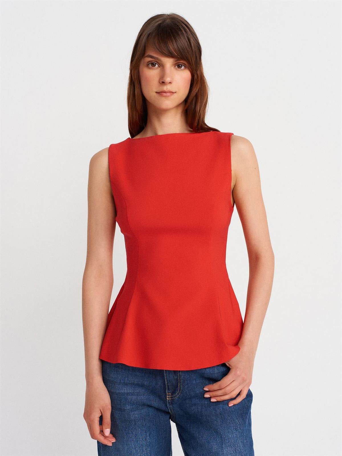50281 DİLVİN PEPLUM TOP-KIRMIZI