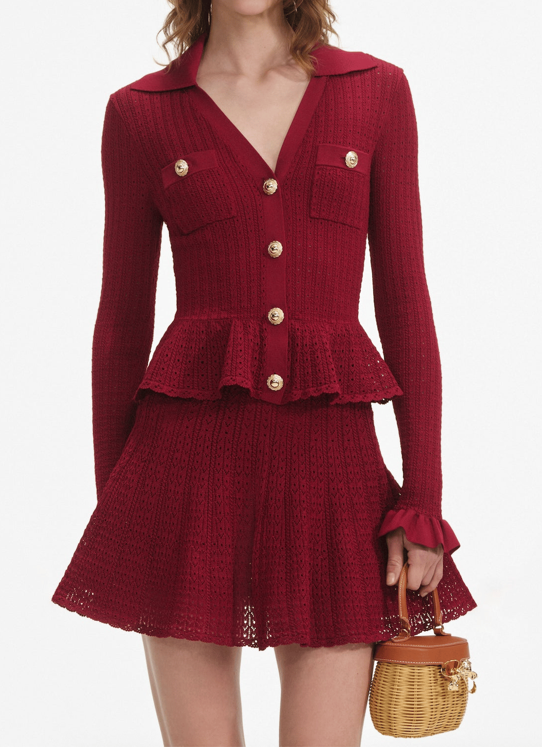Bordo Triko Düğmeli Mini Elbise