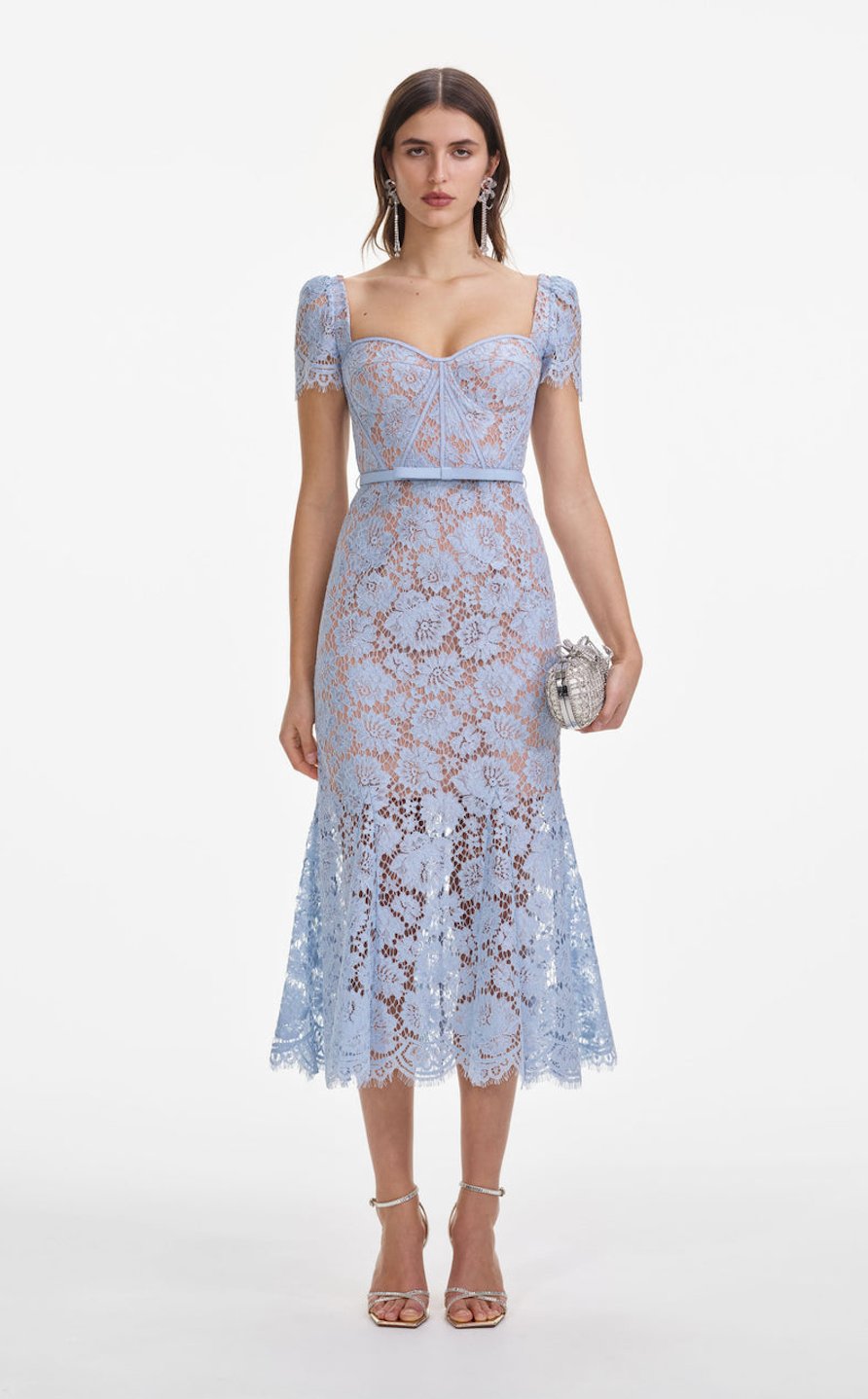 Lace Detailed Belted Blue Midi Dress